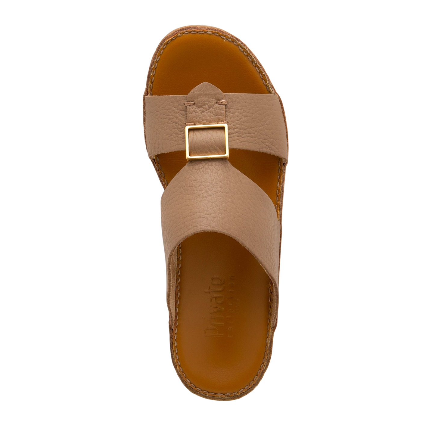Top view of tan metallic deercalf slides with a gold buckle and stitched sole from private collection