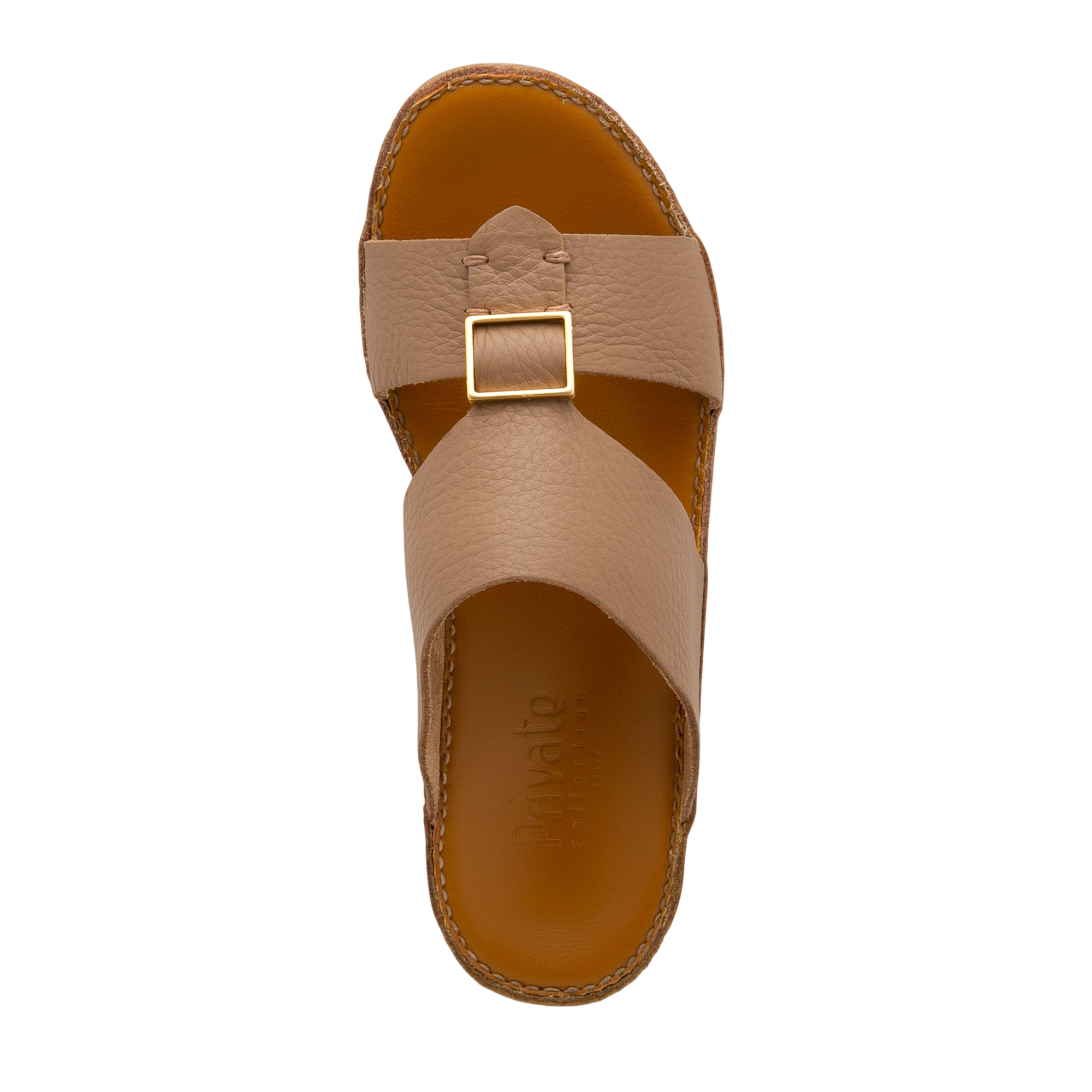 Top view of tan metallic deercalf slides with a gold buckle and stitched sole from private collection
