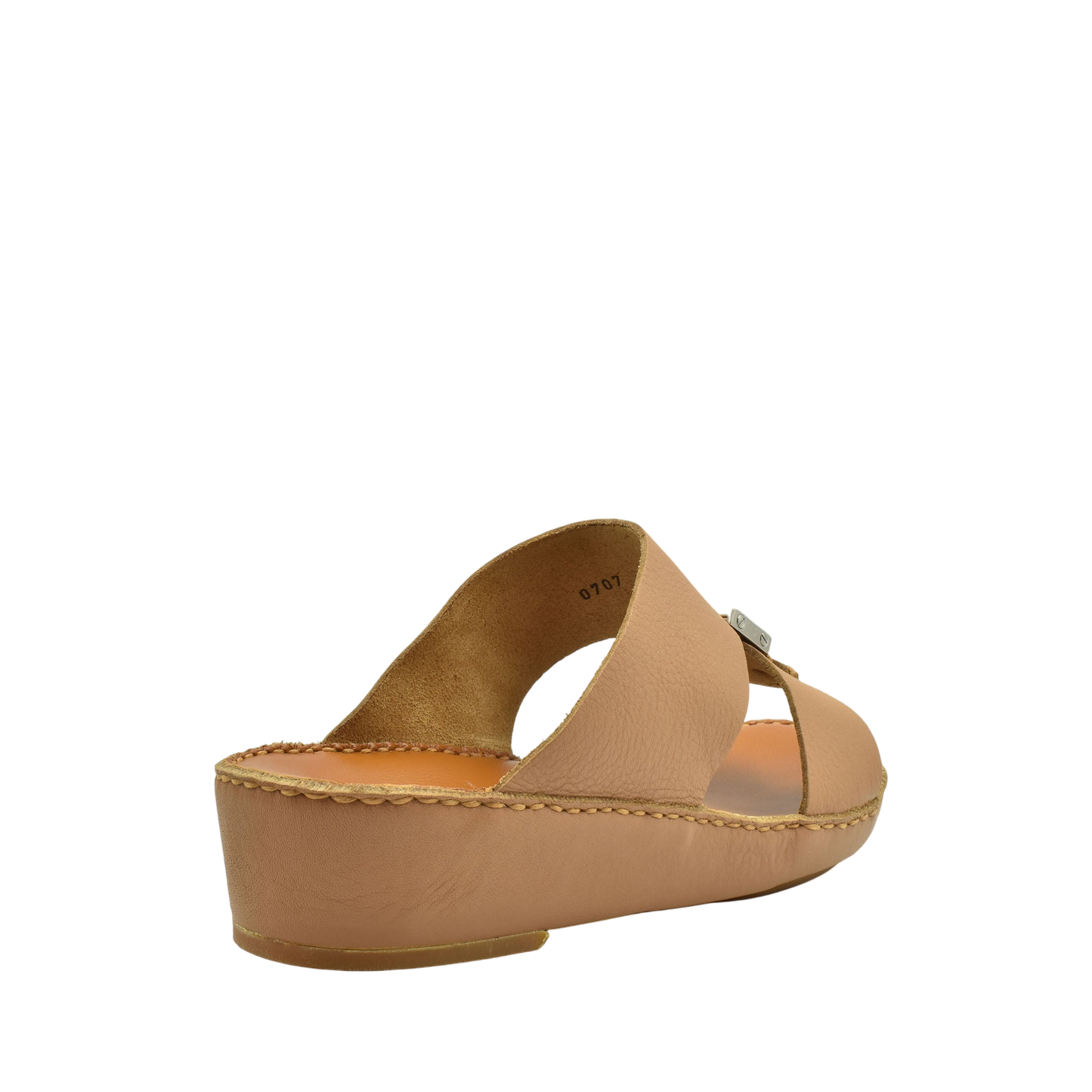 Tan leather metallic deercalf slides with a low wedge heel and open toe design