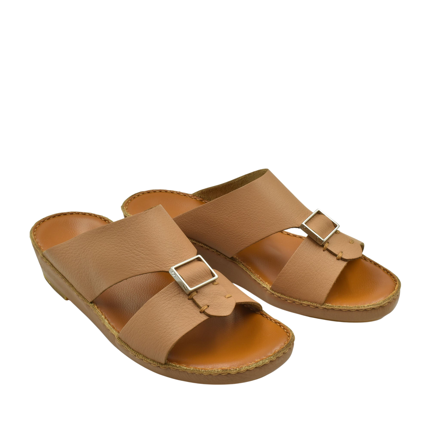 Tan metallic deercalf slides with adjustable buckle straps and cushioned footbed for comfort