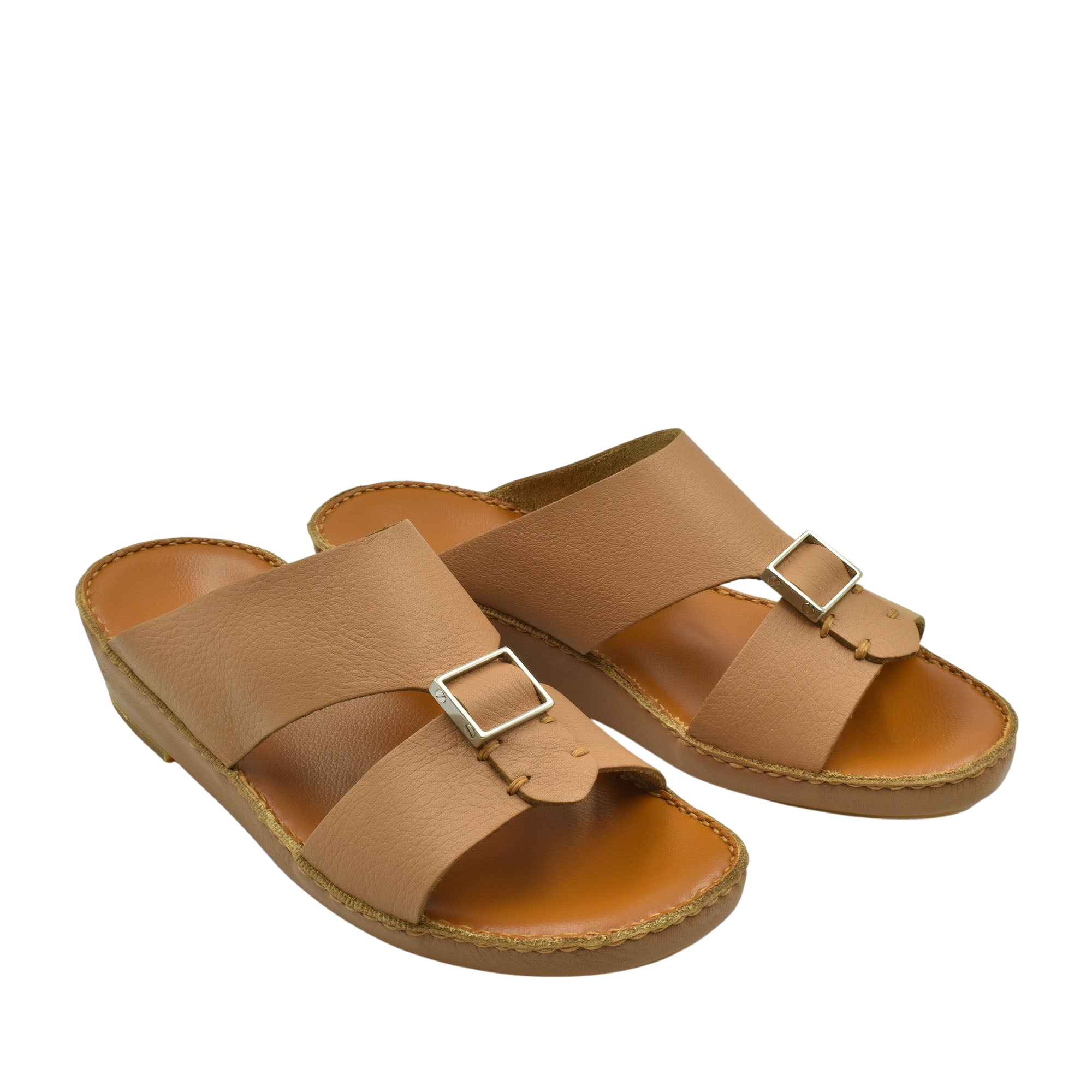 Tan metallic deercalf slides with adjustable buckle straps and cushioned footbed for comfort