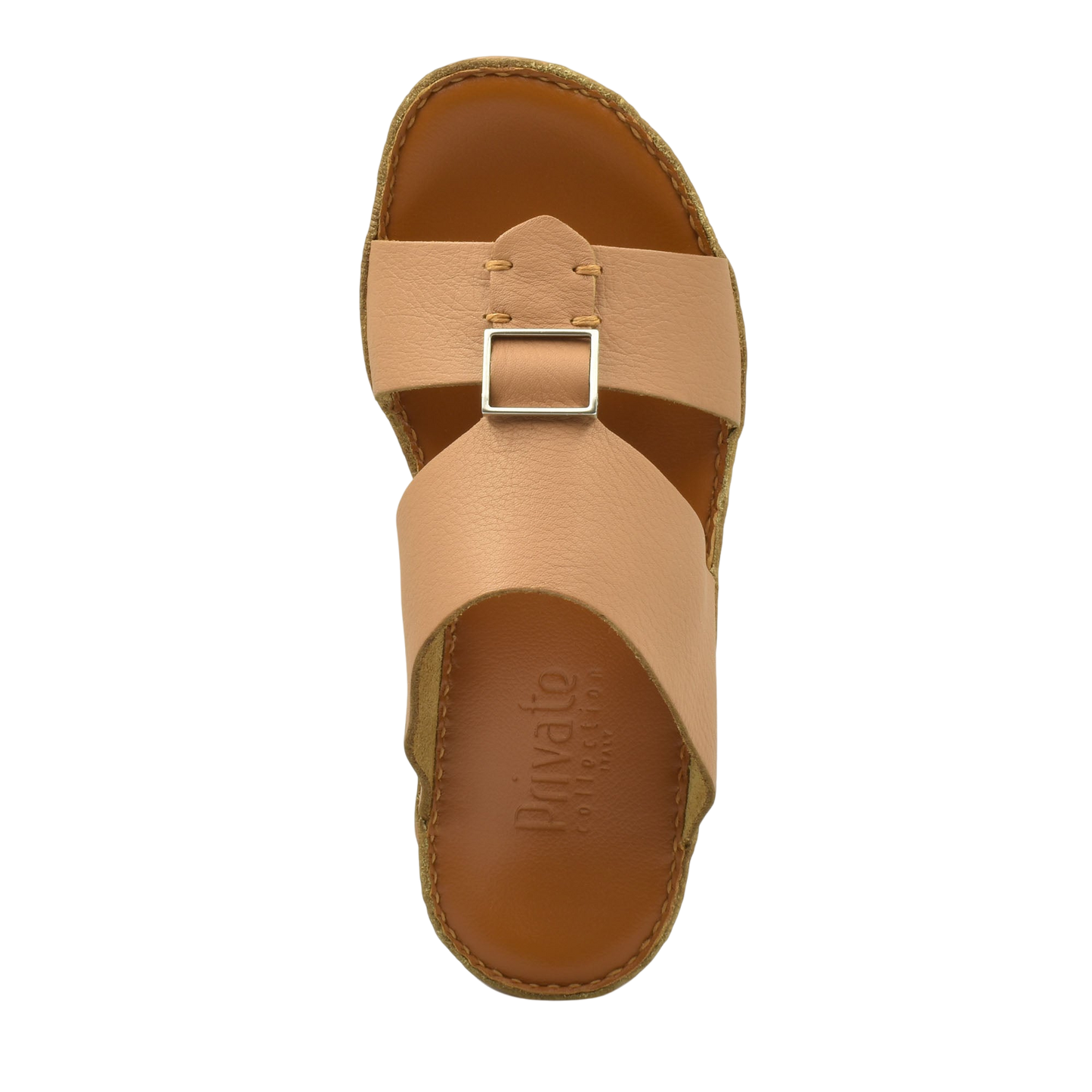 Top view of tan leather metallic deercalf slides with buckle and stitched sole from Private Collection