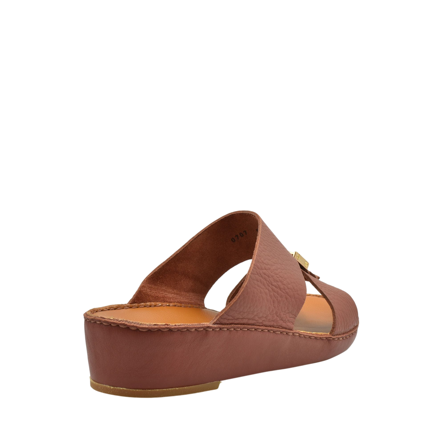 Brown leather open-toe wedge metallic deercalf slides with cushioned footbed and stitched details