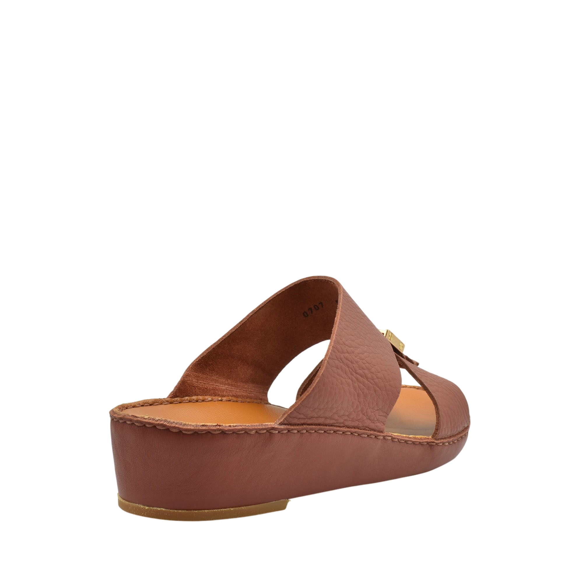 Brown leather open-toe wedge metallic deercalf slides with cushioned footbed and stitched details