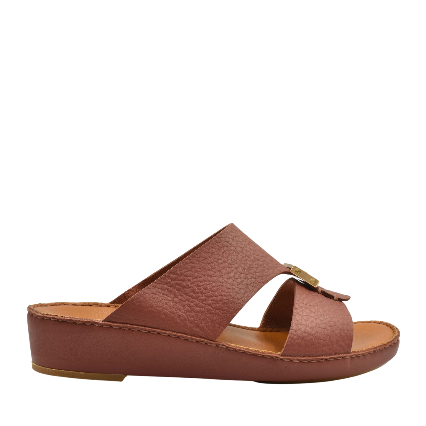Brown leather metallic deercalf slides with open toe and cushioned sole from Private Collection