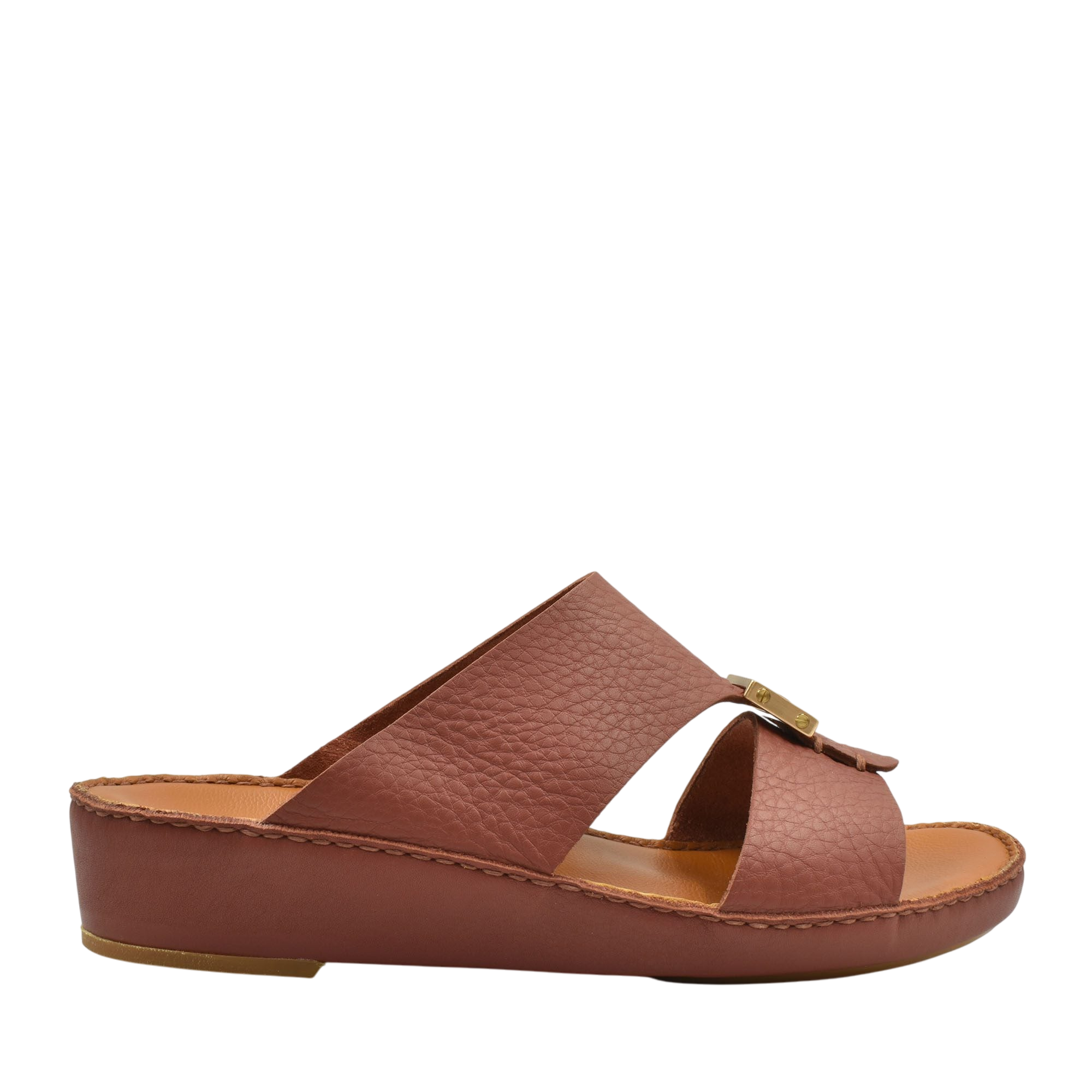 Brown leather metallic deercalf slides with open toe and cushioned sole from Private Collection