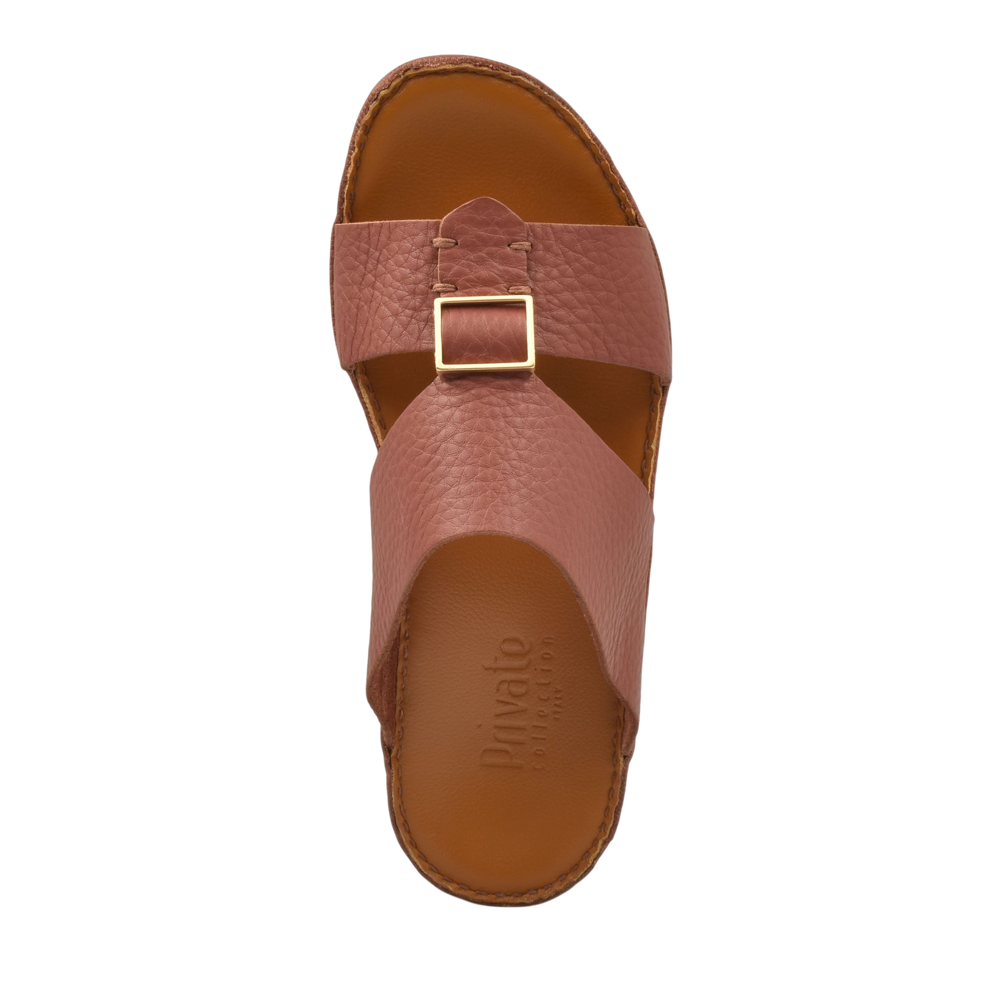 Brown metallic deercalf slides with textured leather straps and gold buckle from Private Collection