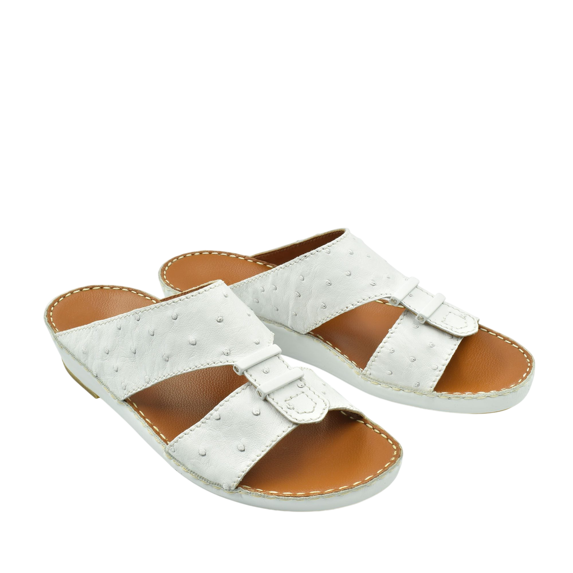 White ostrich leather sandals with adjustable straps and tan footbed from Private Collection