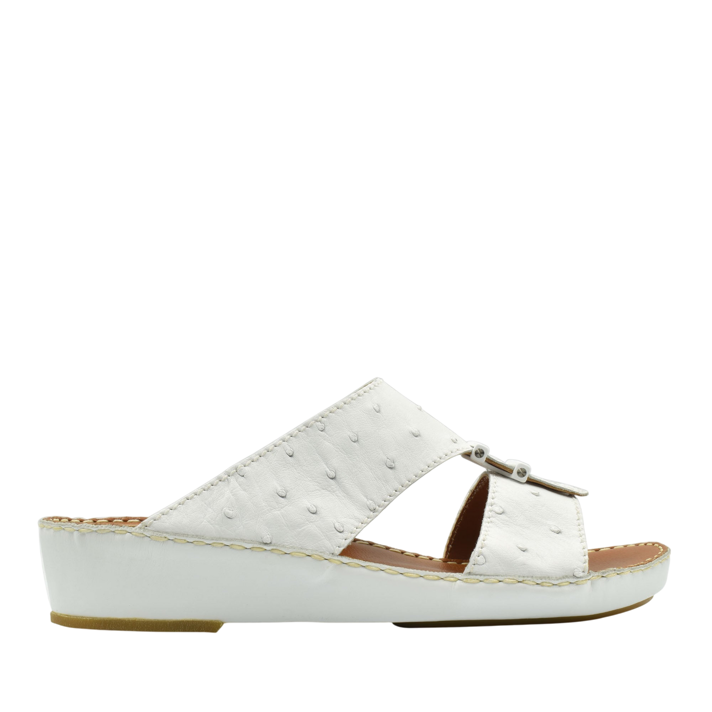 White ostrich leather sandals with wedge heel and adjustable buckle from Private Collection