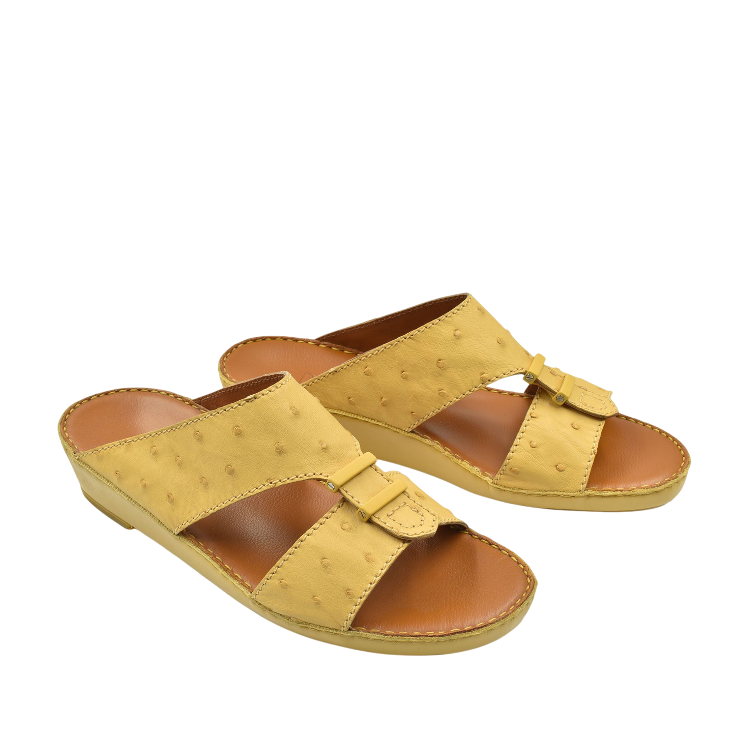 Private Collection beige ostrich leather sandals with open toe and low wedge heel