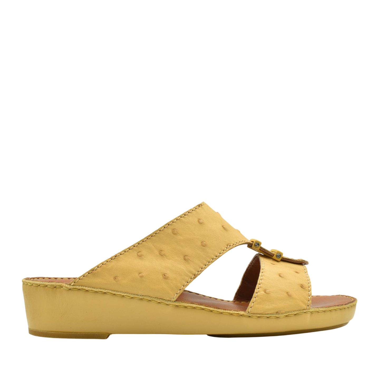 Yellow ostrich leather sandals with open toe and low wedge heel from Private Collection