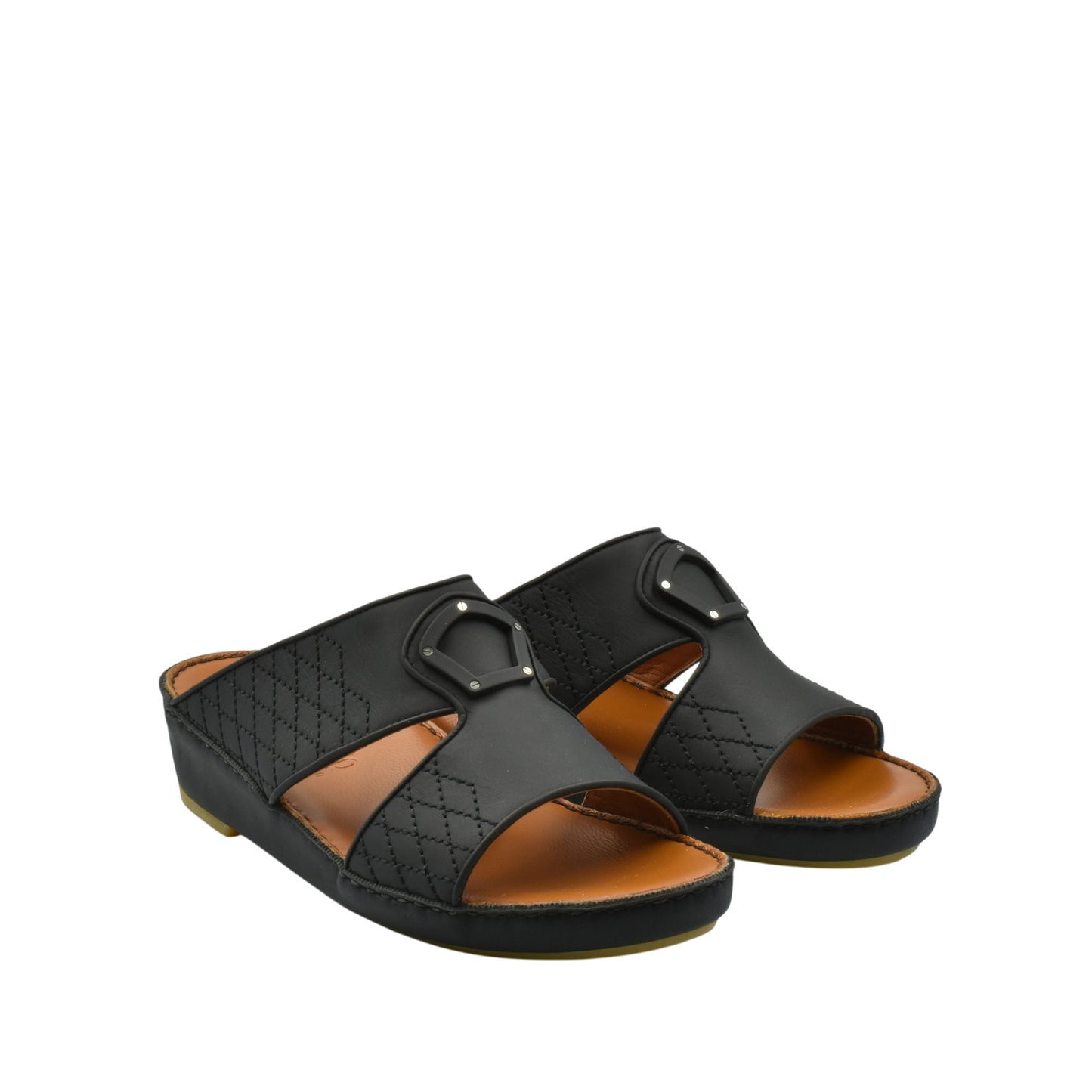 Black premium slip-on sandals with quilted design and buckle detail on brown footbed