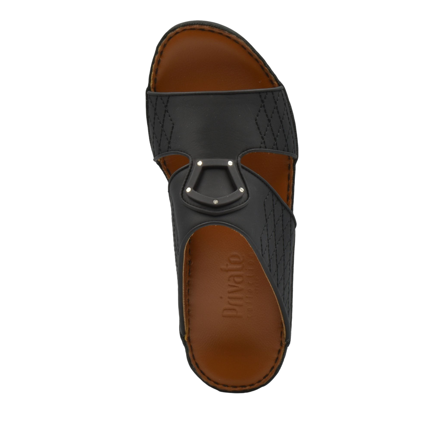 Black premium slip-on sandals with brown cushioned footbed and decorative metal buckle
