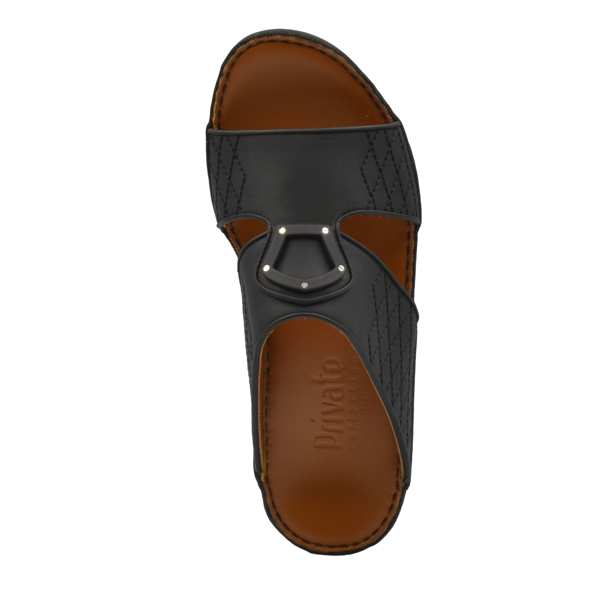 Black premium slip-on sandals with brown cushioned footbed and decorative metal buckle