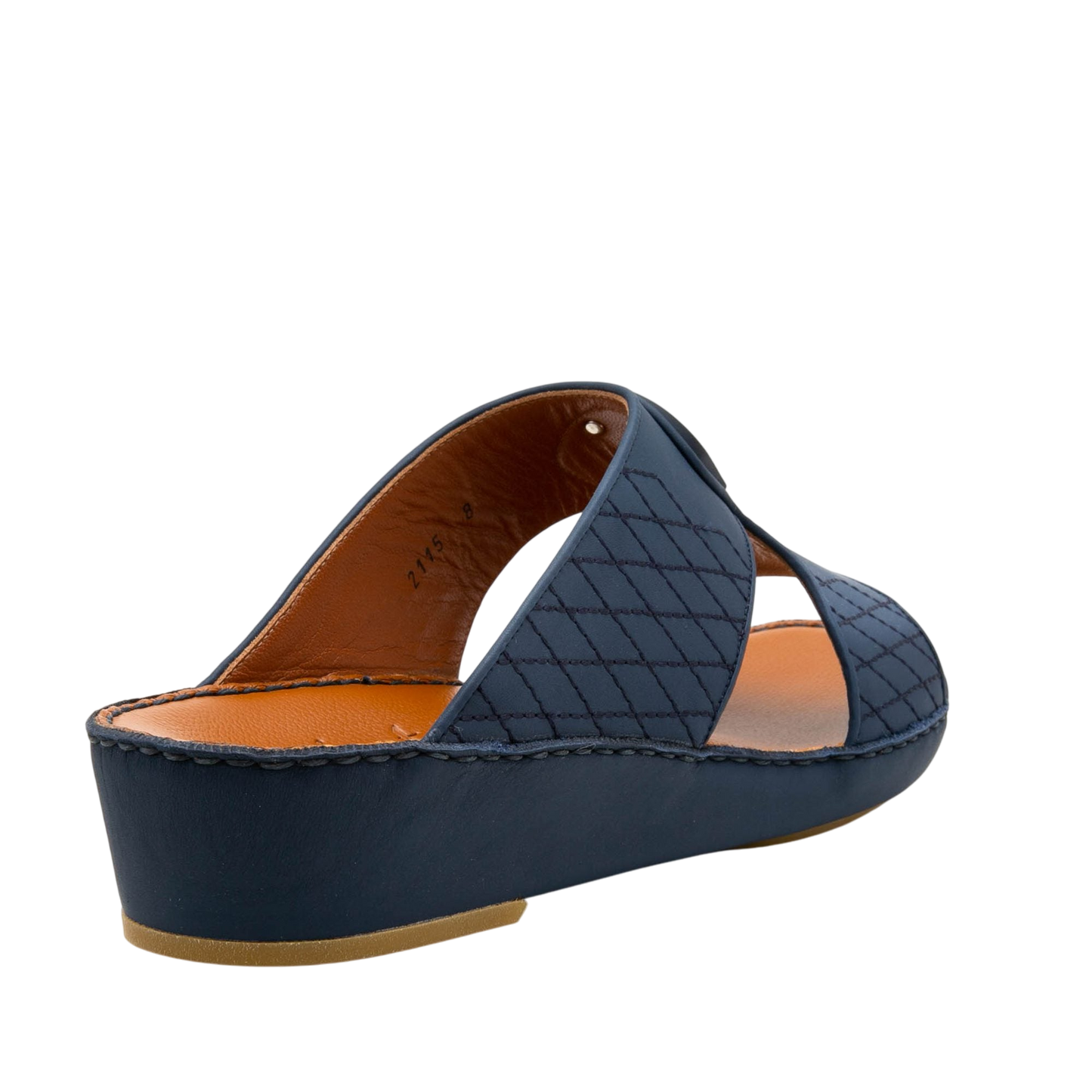 Navy blue premium slip-on sandals with crisscross quilted straps and cushioned sole
