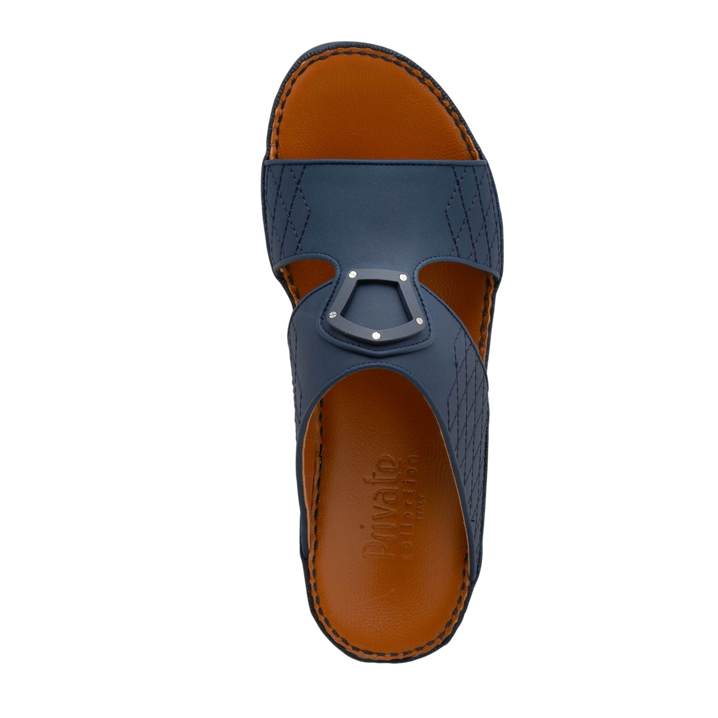 Blue premium slip-on sandals with brown cushioned footbed and detailed stitching from Private Collection