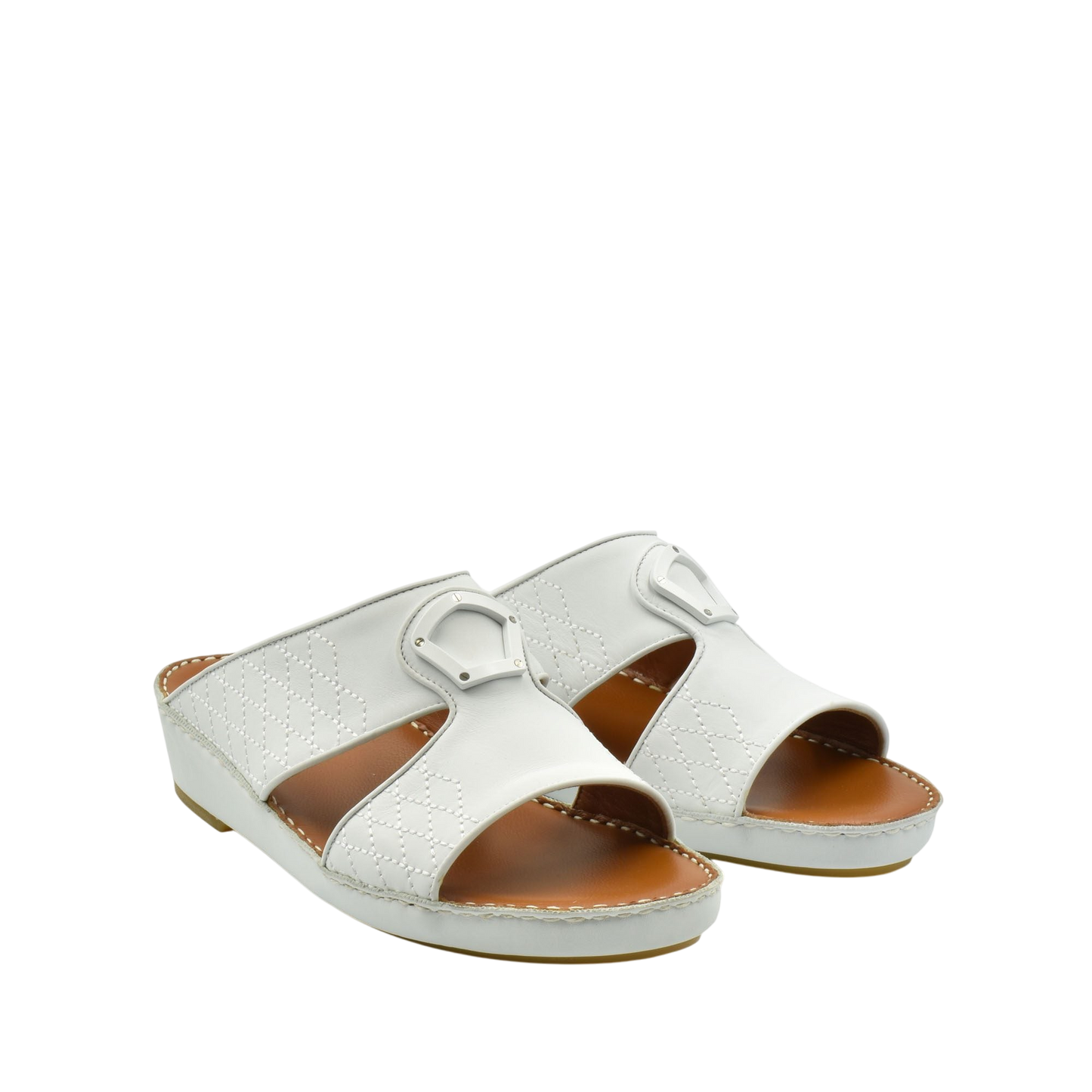 White premium slip-on sandals with open toe and buckle detail from private collection