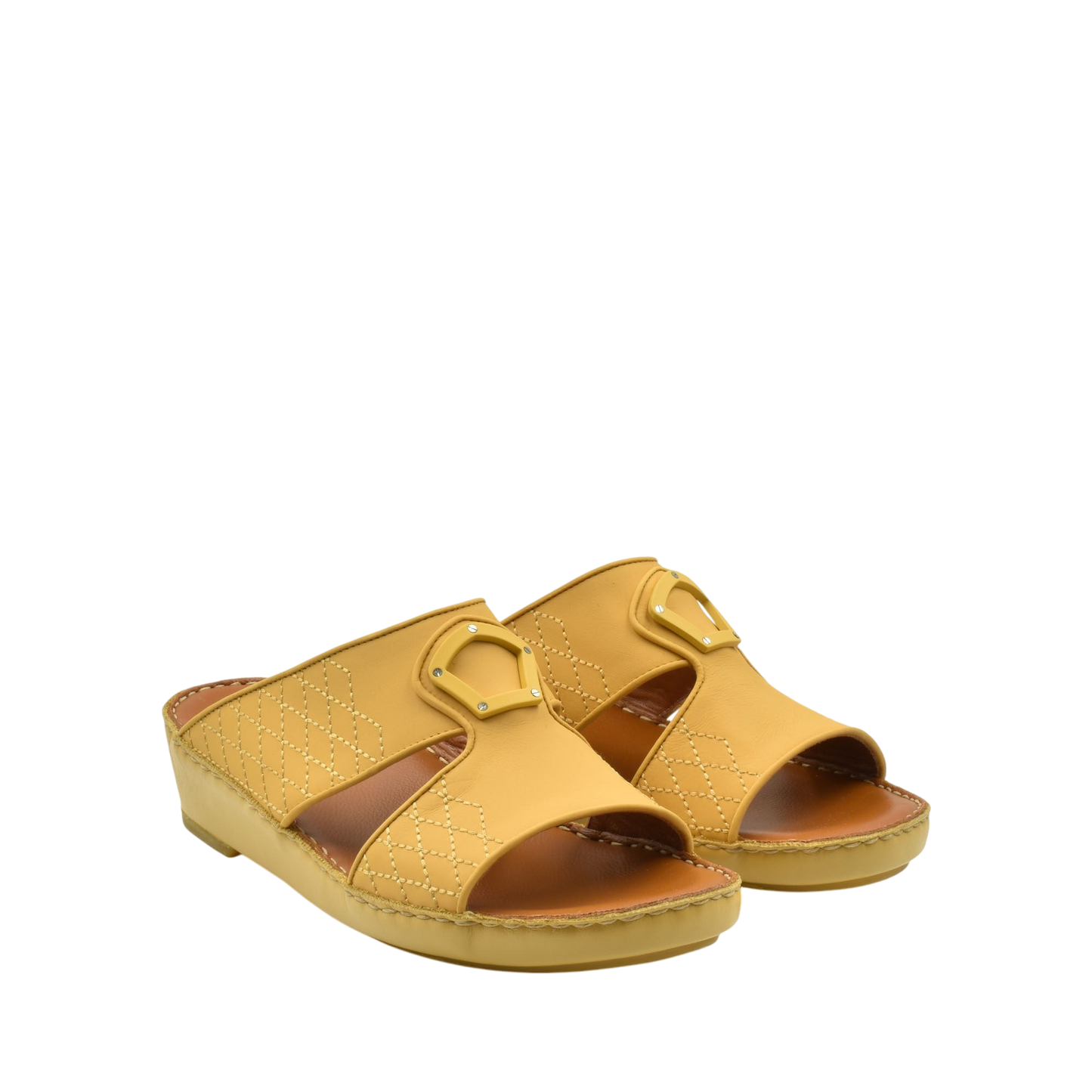 Yellow premium slip-on sandals with stitched detail and decorative buckle from Private Collection