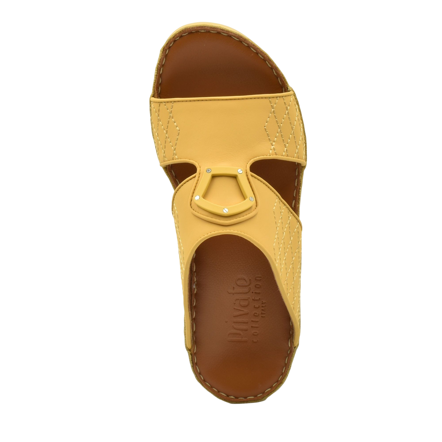 Yellow premium slip-on sandals with stitched detailing and brown cushioned footbed from Private collection
