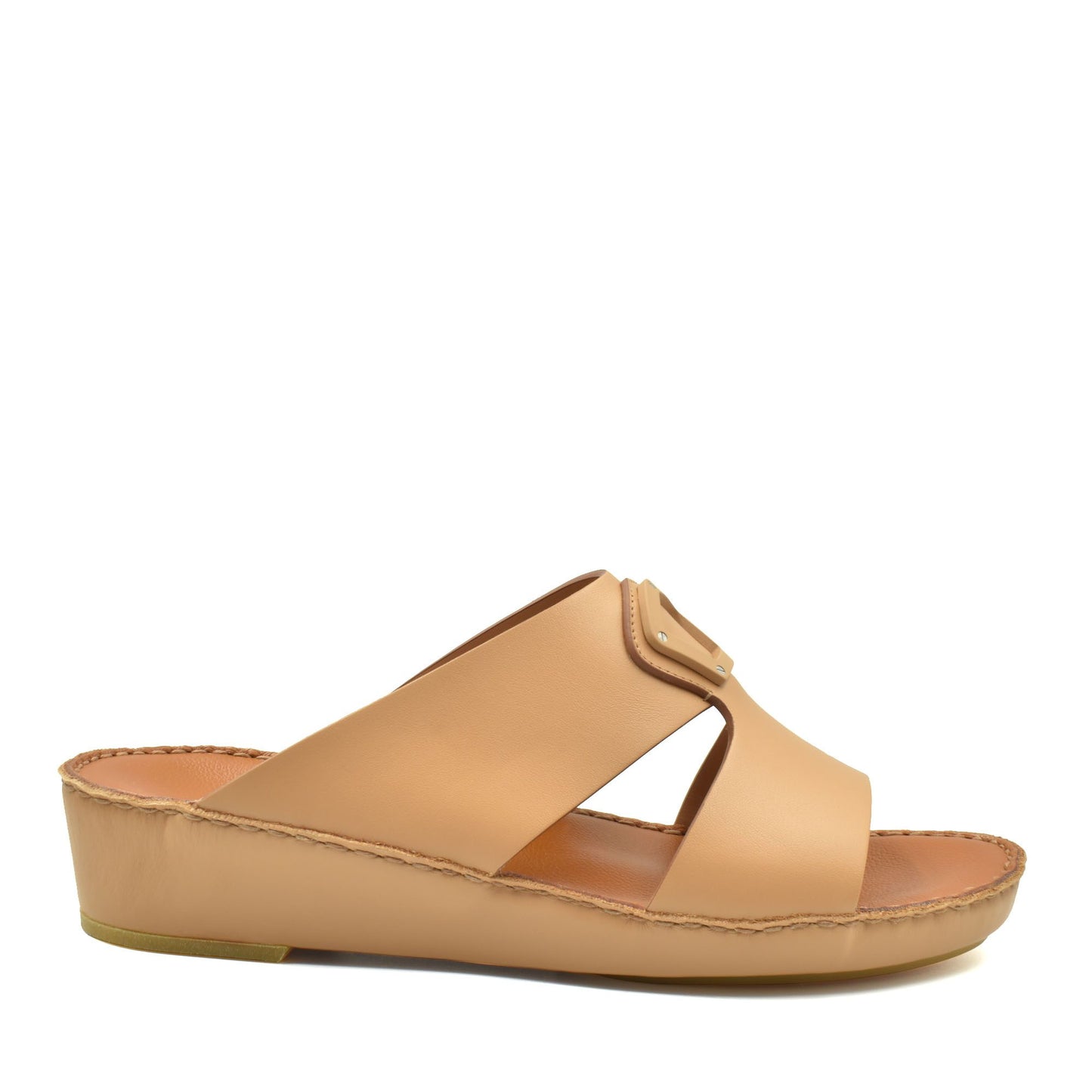 Tan natural leather slide shoes with open toe and comfortable cushioned sole