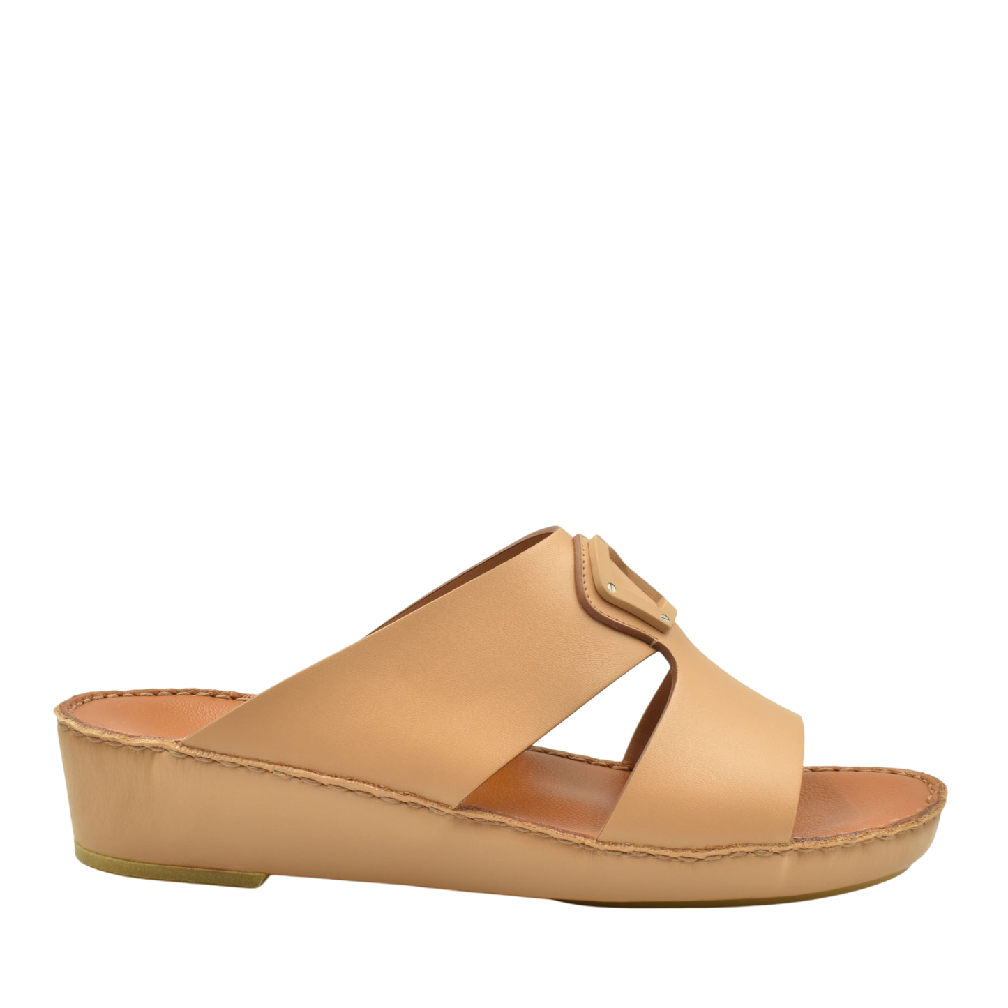Tan natural leather slide shoes with open toe and comfortable cushioned sole