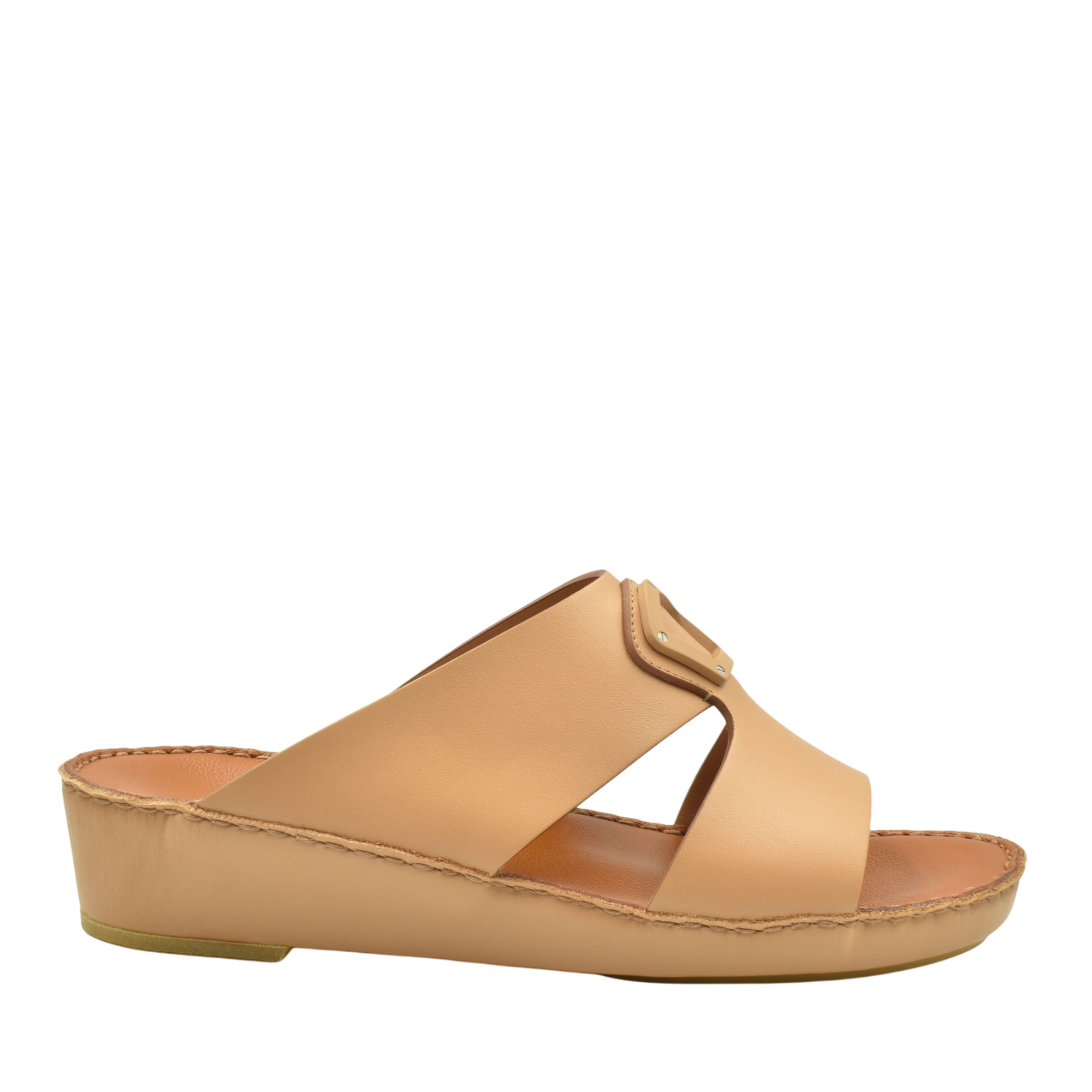 Tan natural leather slide shoes with open toe and comfortable cushioned sole