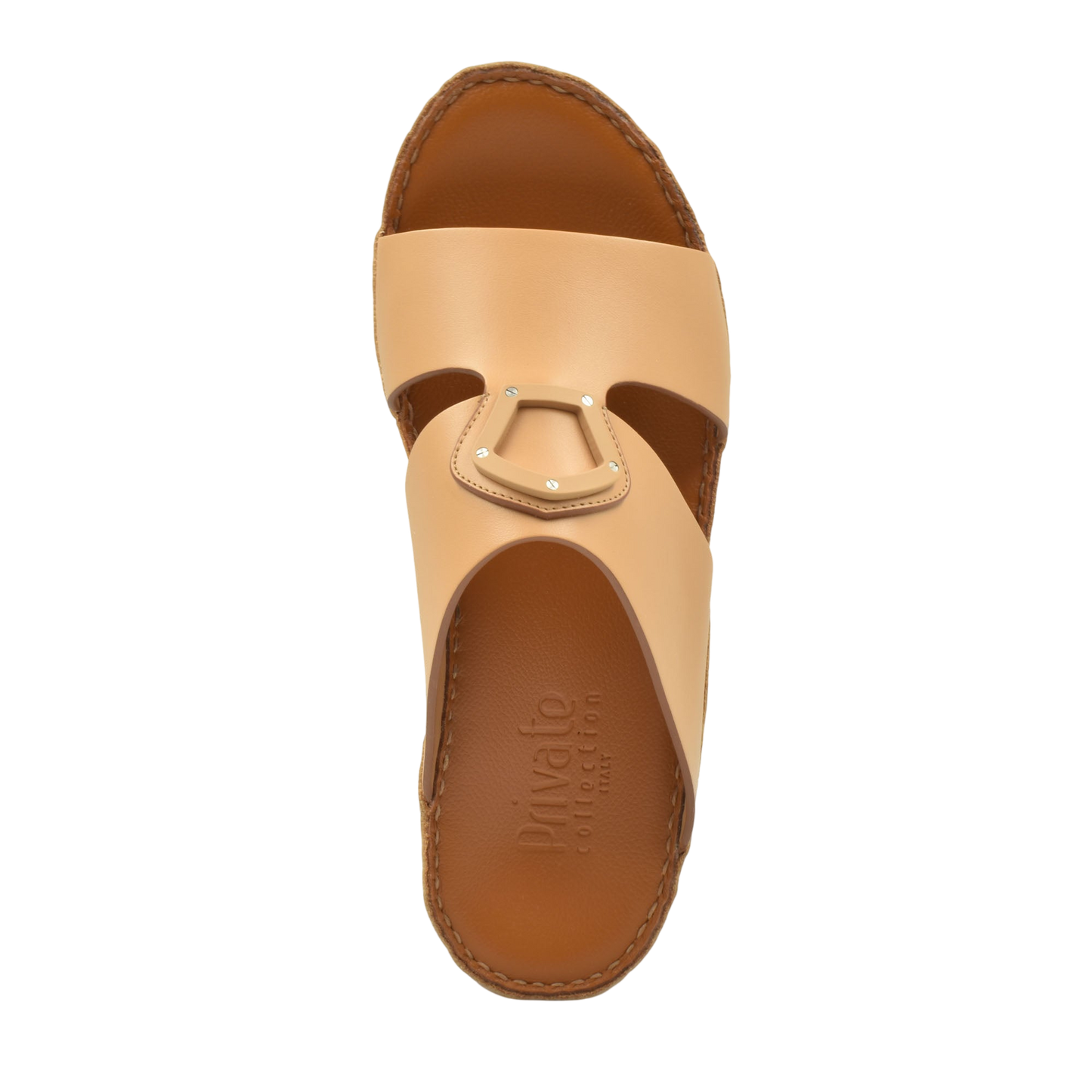 Tan natural leather slide shoes from Private Collection with decorative metal buckle detail