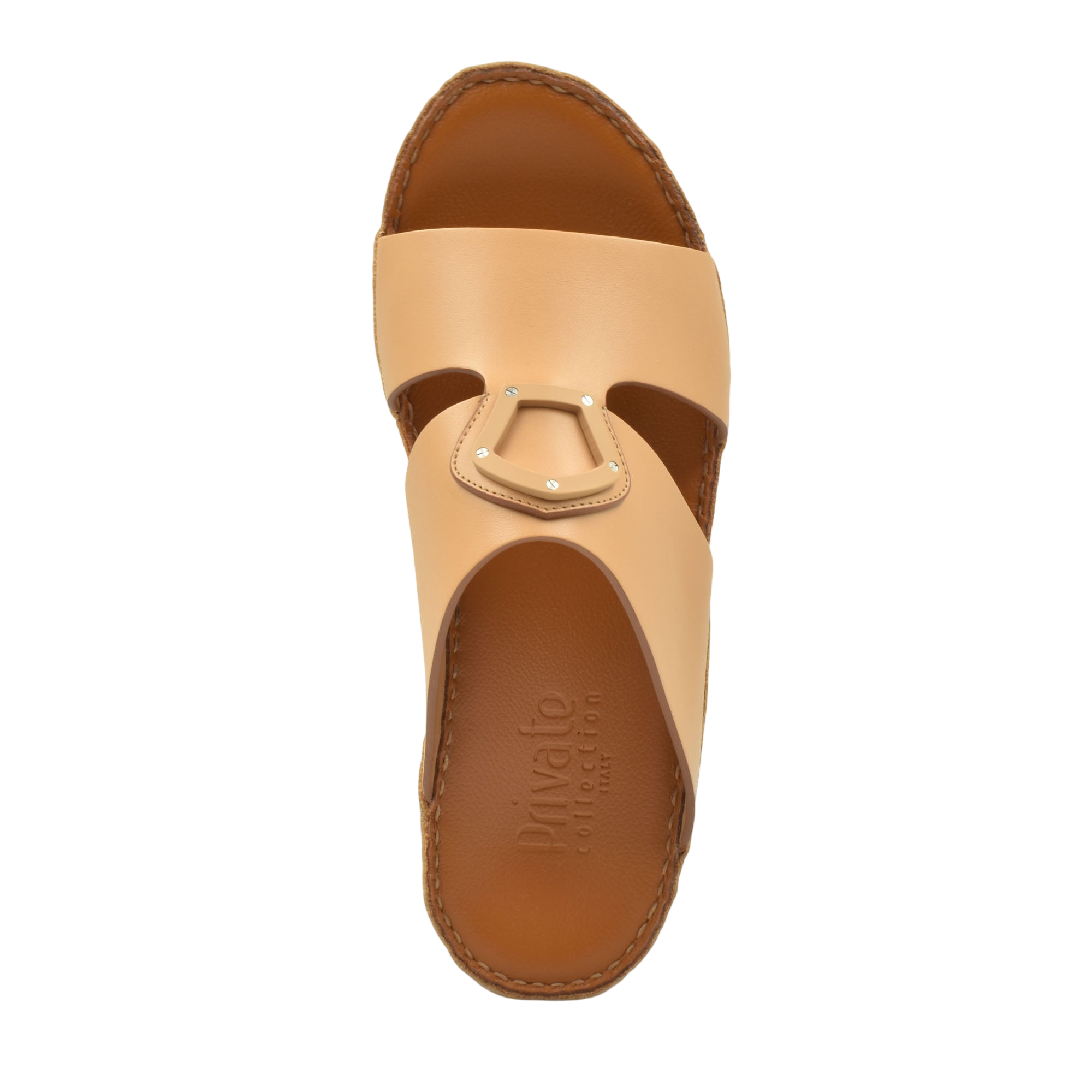 Tan natural leather slide shoes from Private Collection with decorative metal buckle detail