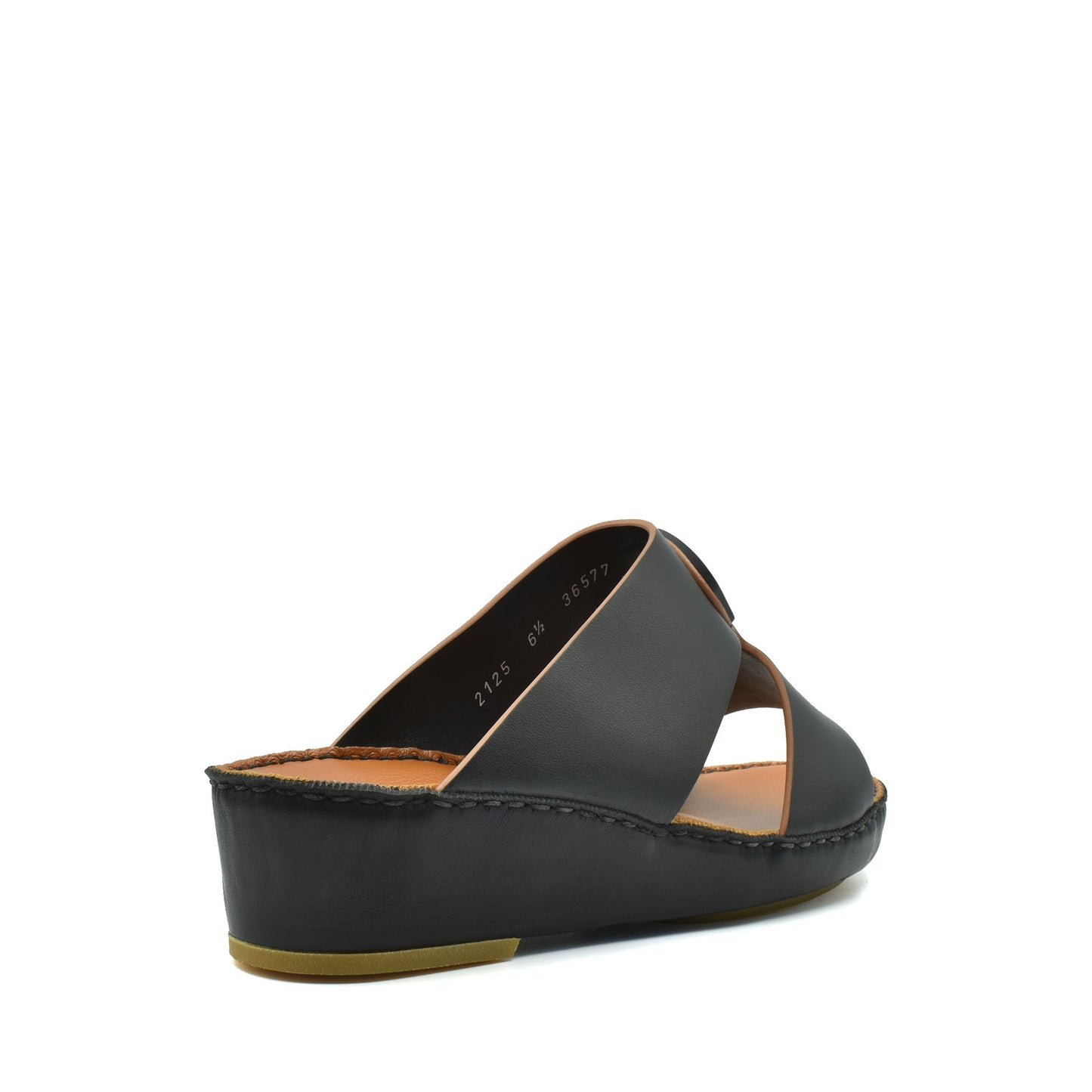 Black natural leather slide shoes with cross straps and wedge sole for comfortable wear
