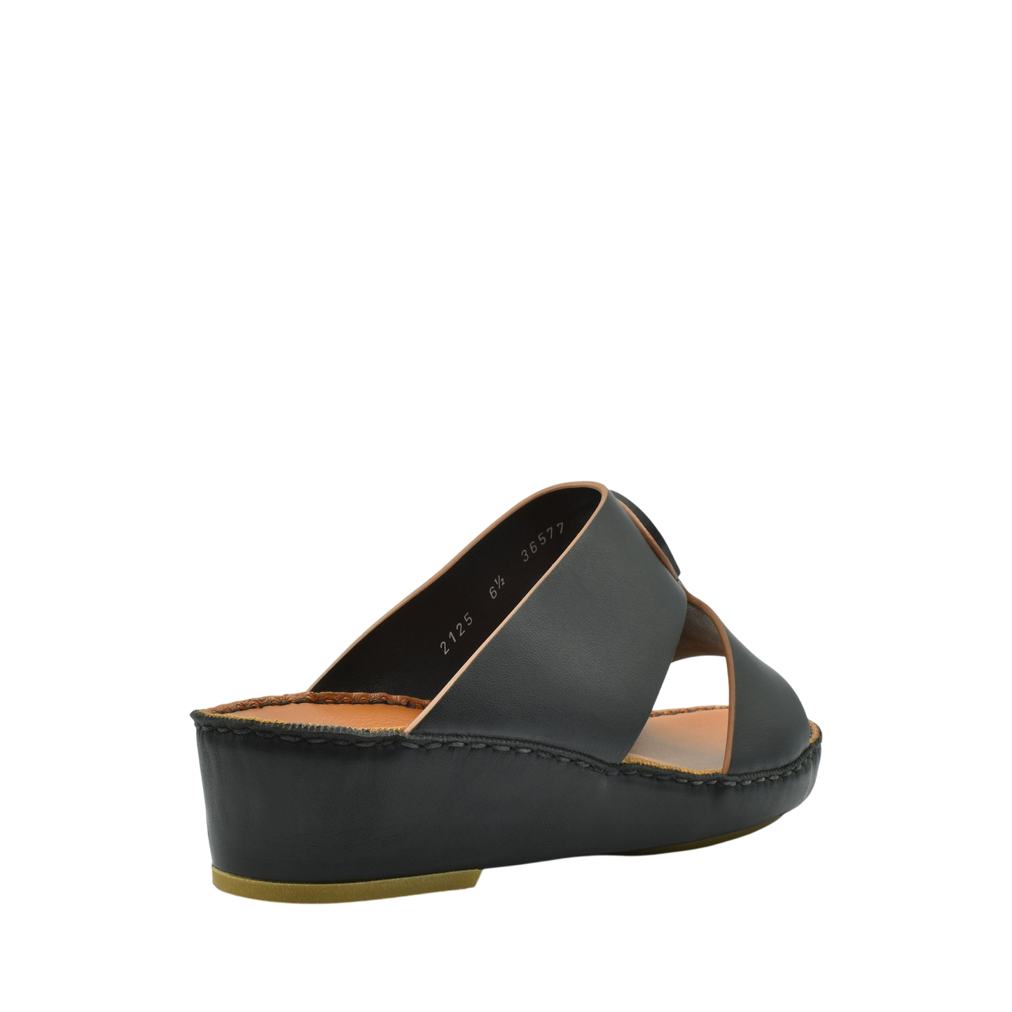 Black natural leather slide shoes with cross straps and wedge sole for comfortable wear