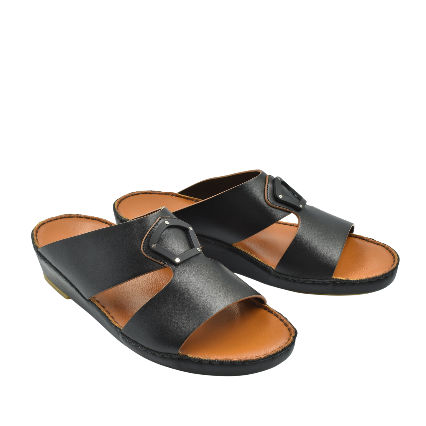 Black natural leather slide shoes with a buckle detail and tan cushioned footbed