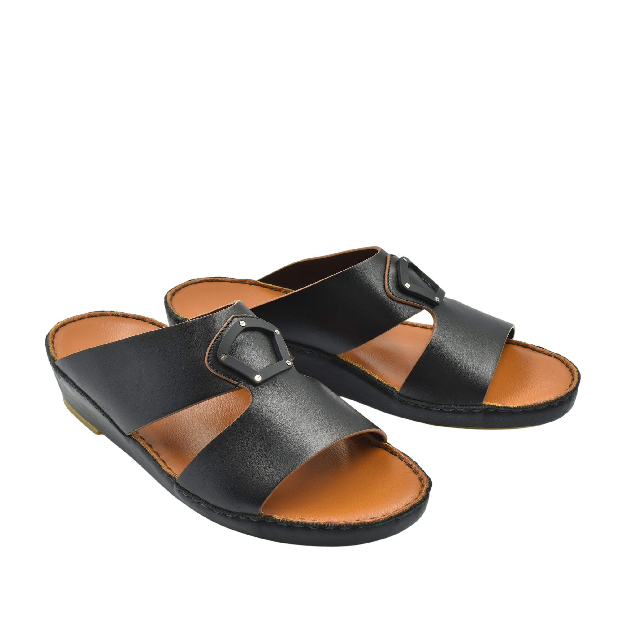 Black natural leather slide shoes with a buckle detail and tan cushioned footbed