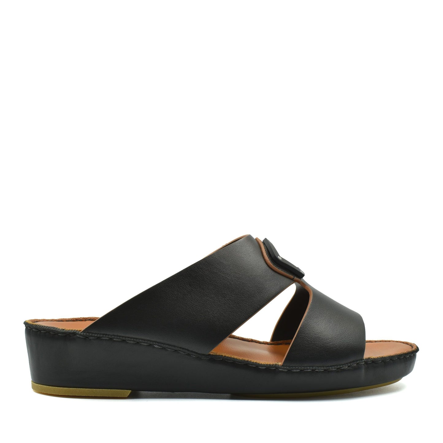 Black natural leather slide shoes with cushioned sole and open toe design for casual wear