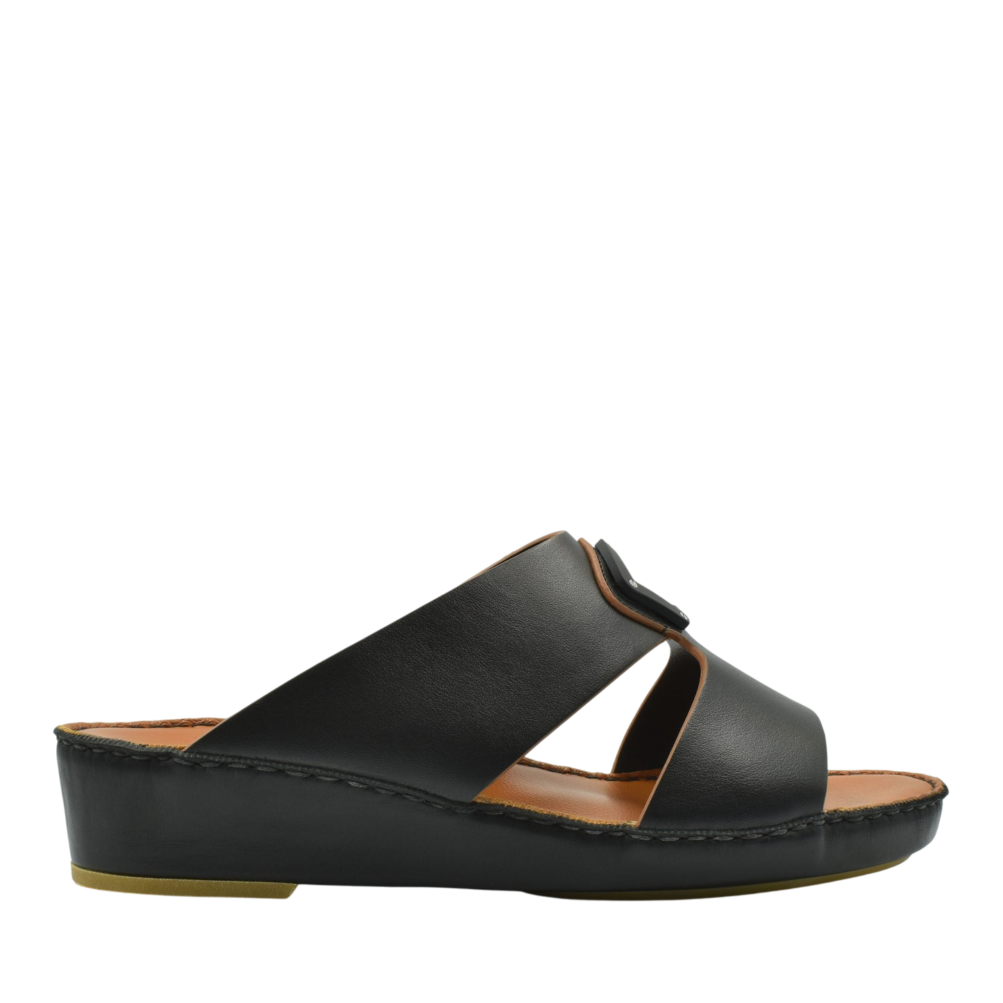 Black natural leather slide shoes with cushioned sole and open toe design for casual wear