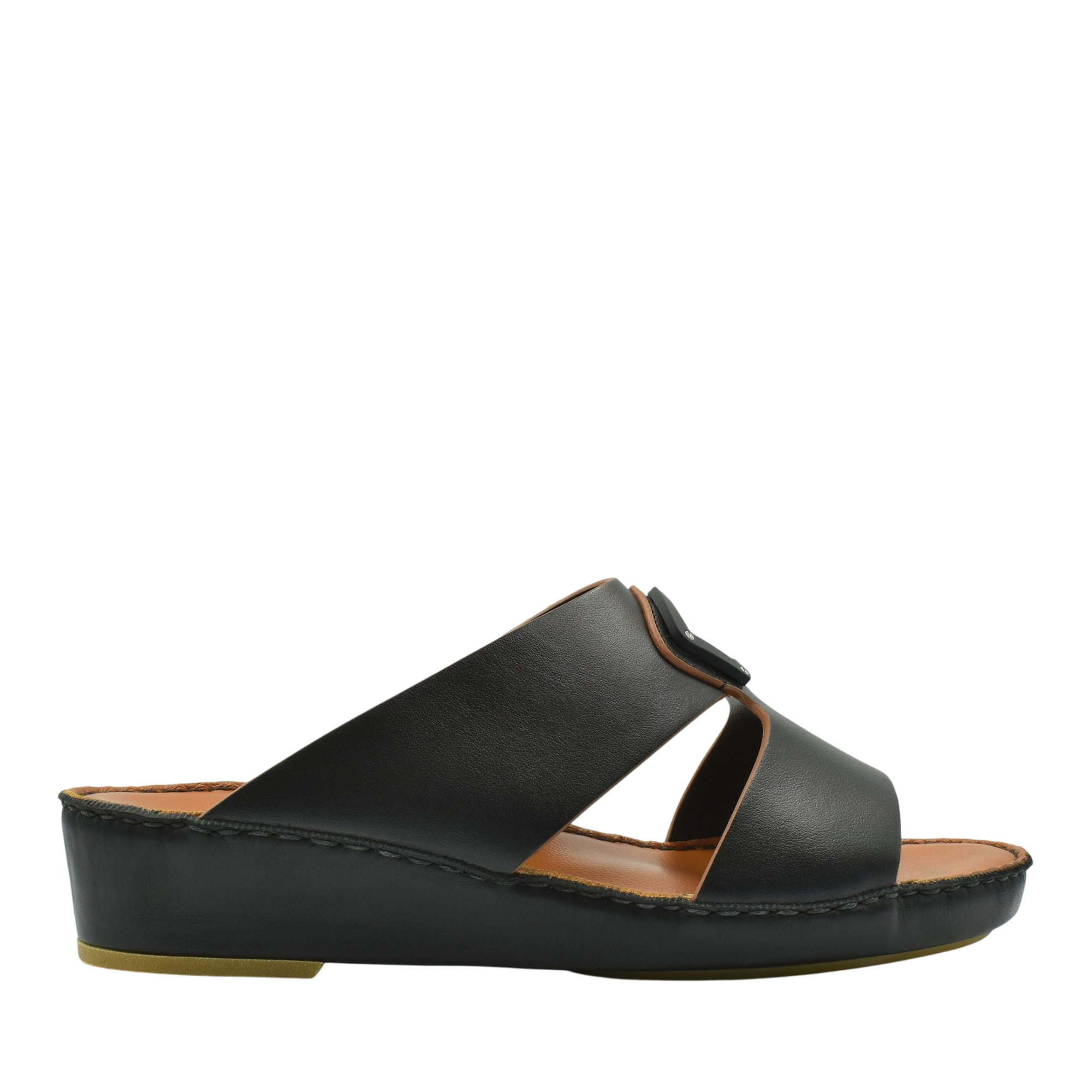 Black natural leather slide shoes with cushioned sole and open toe design for casual wear