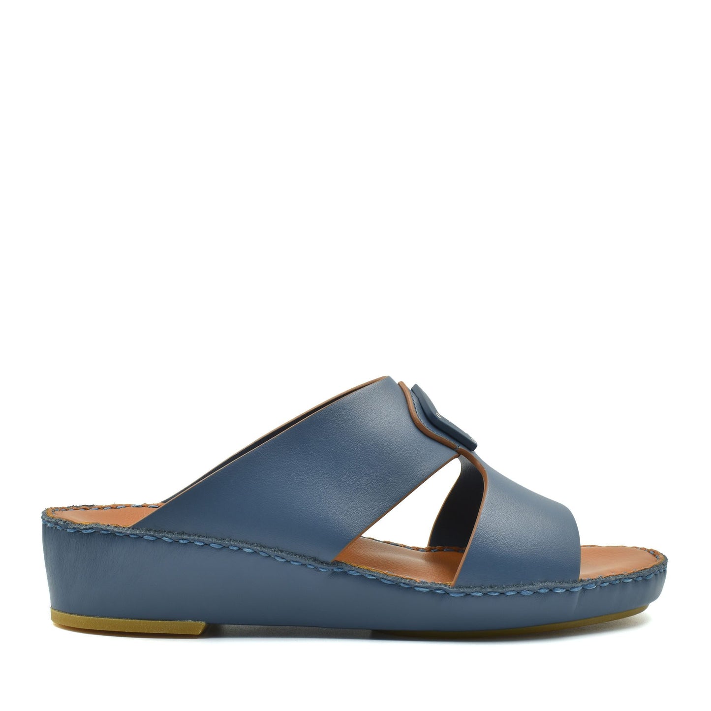 Blue natural leather slide shoes with open toe and cushioned sole for comfortable wear