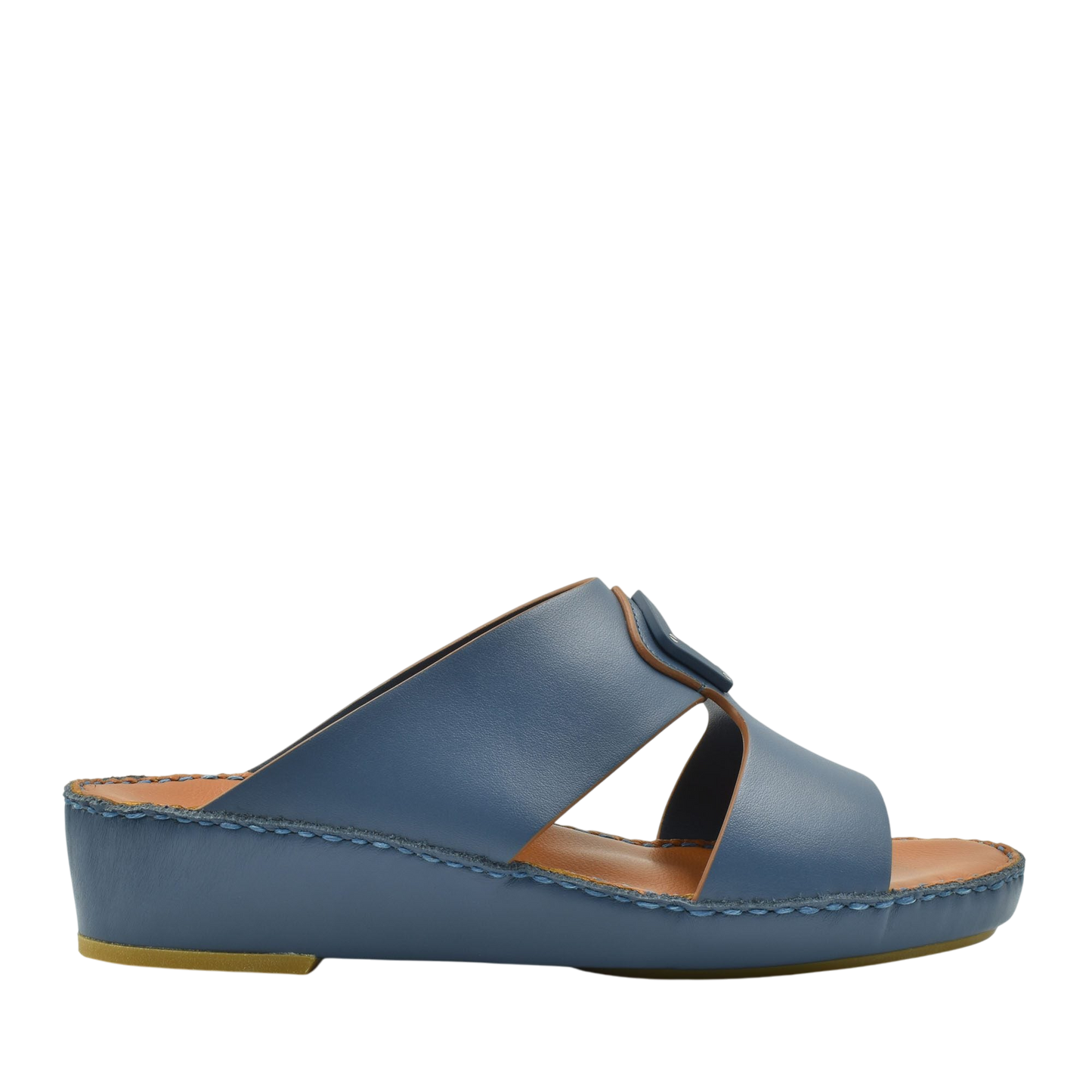 Blue natural leather slide shoes with open toe and cushioned sole for comfortable wear