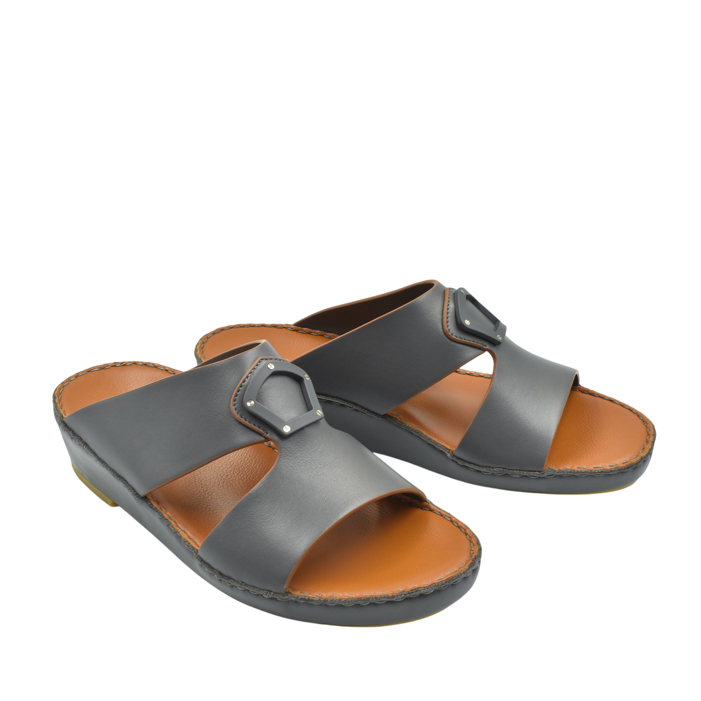 Black natural leather slide shoes with adjustable buckle straps and brown cushioned insoles