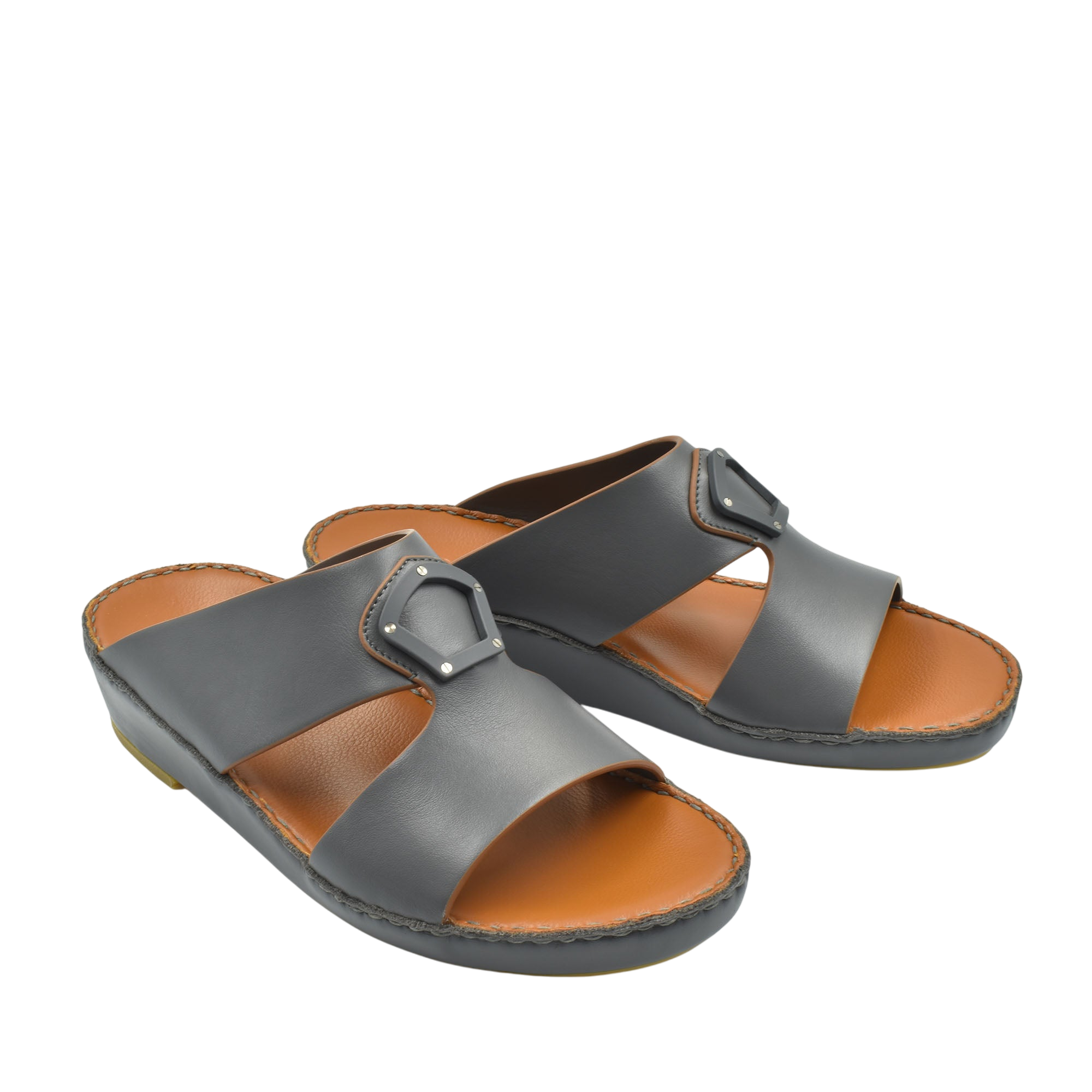 Black natural leather slide shoes with adjustable buckle straps and brown cushioned insoles