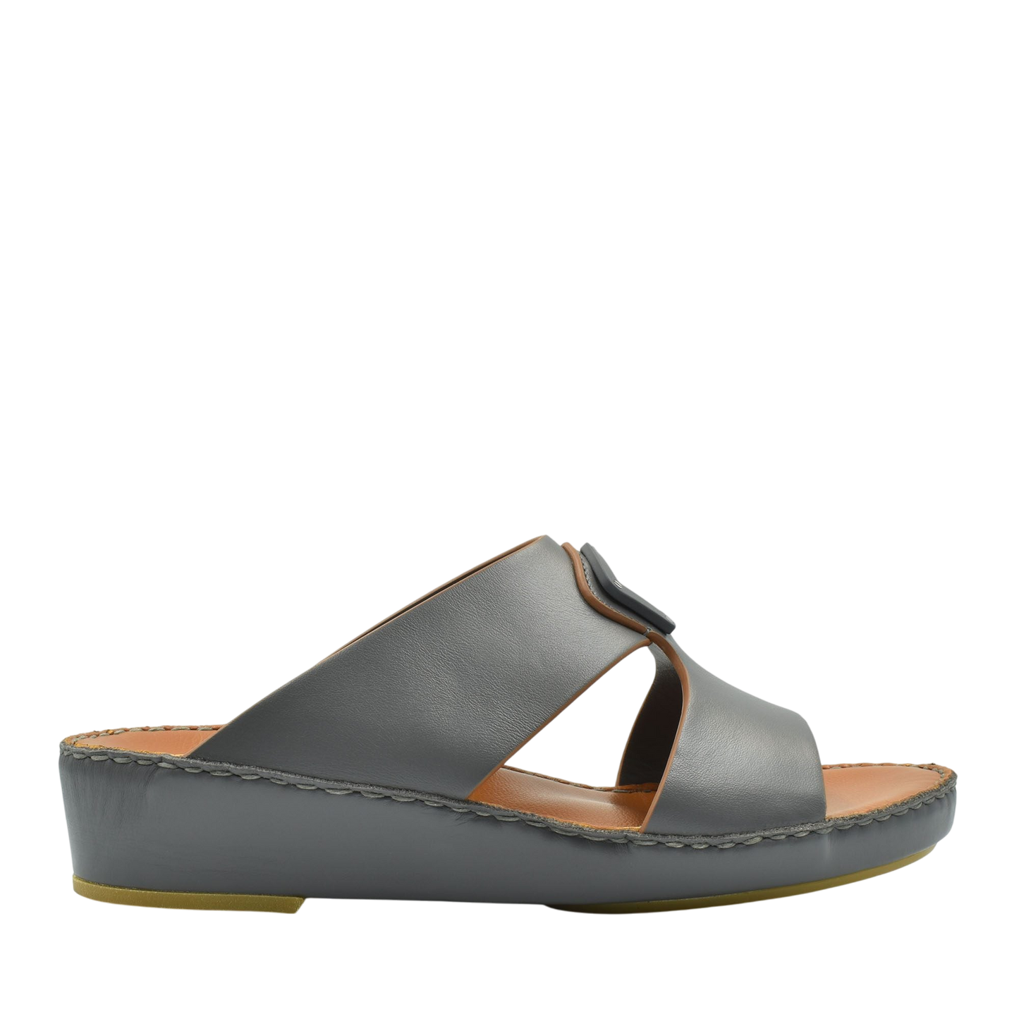 Gray natural leather slide shoes with cushioned sole and open toe design for comfortable wear