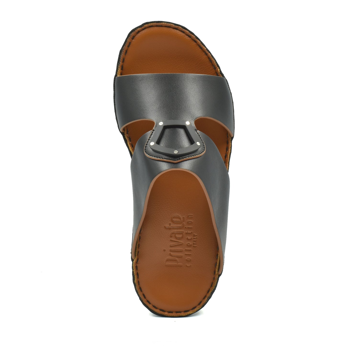 Top view of natural leather slide shoes with brown cushioned footbed and gray strap from Private collection