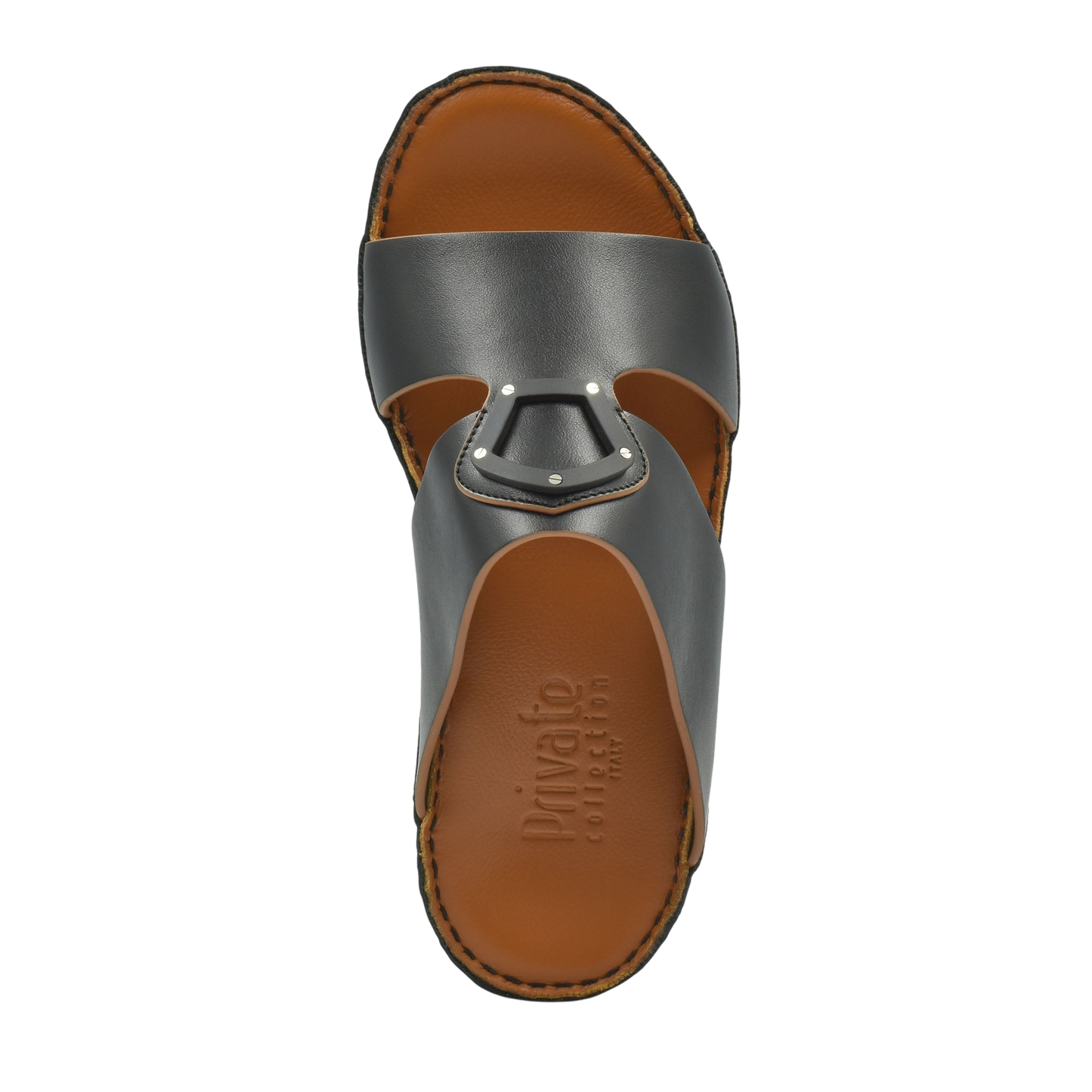 Top view of natural leather slide shoes with brown cushioned footbed and gray strap from Private collection