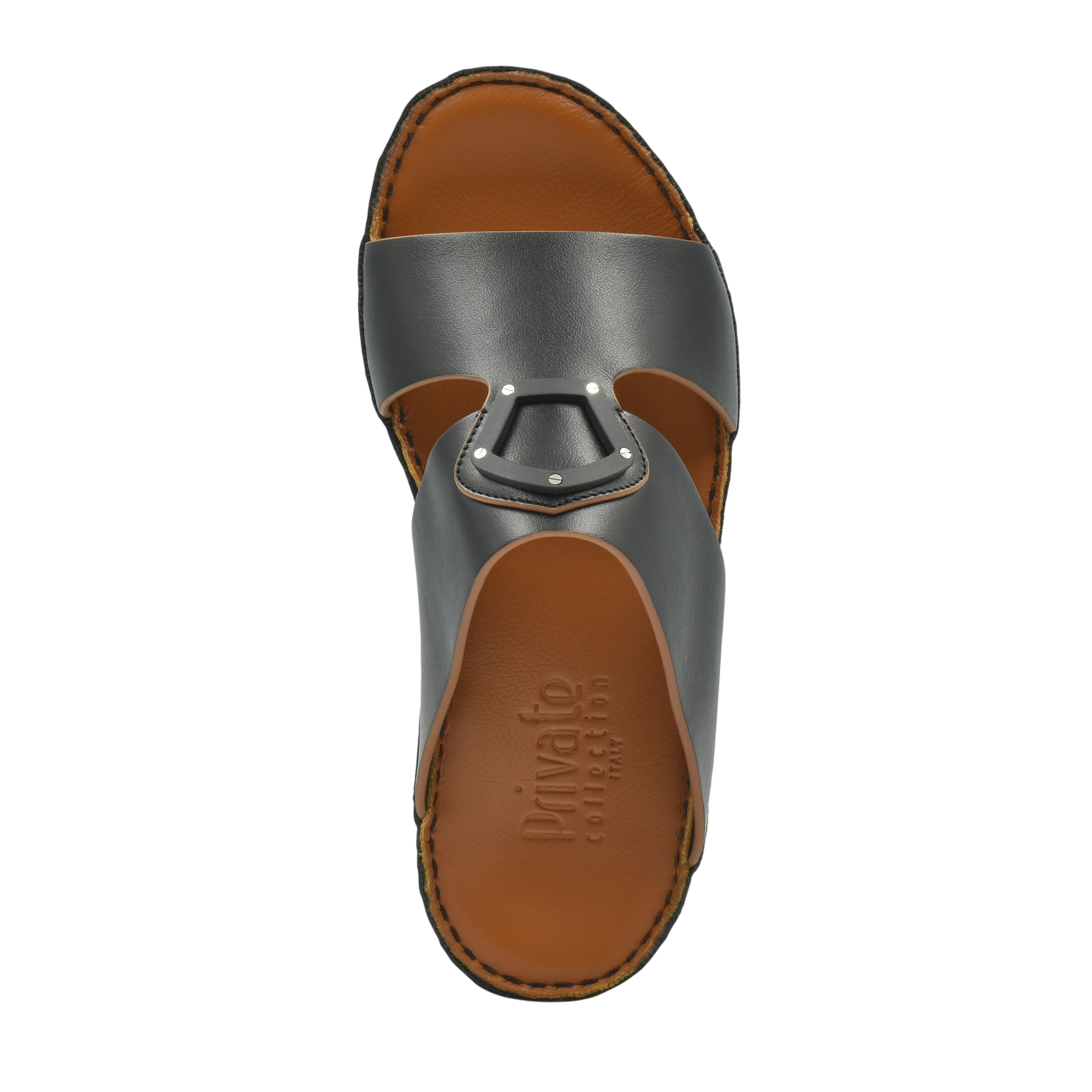 Top view of natural leather slide shoes with brown cushioned footbed and gray strap from Private collection