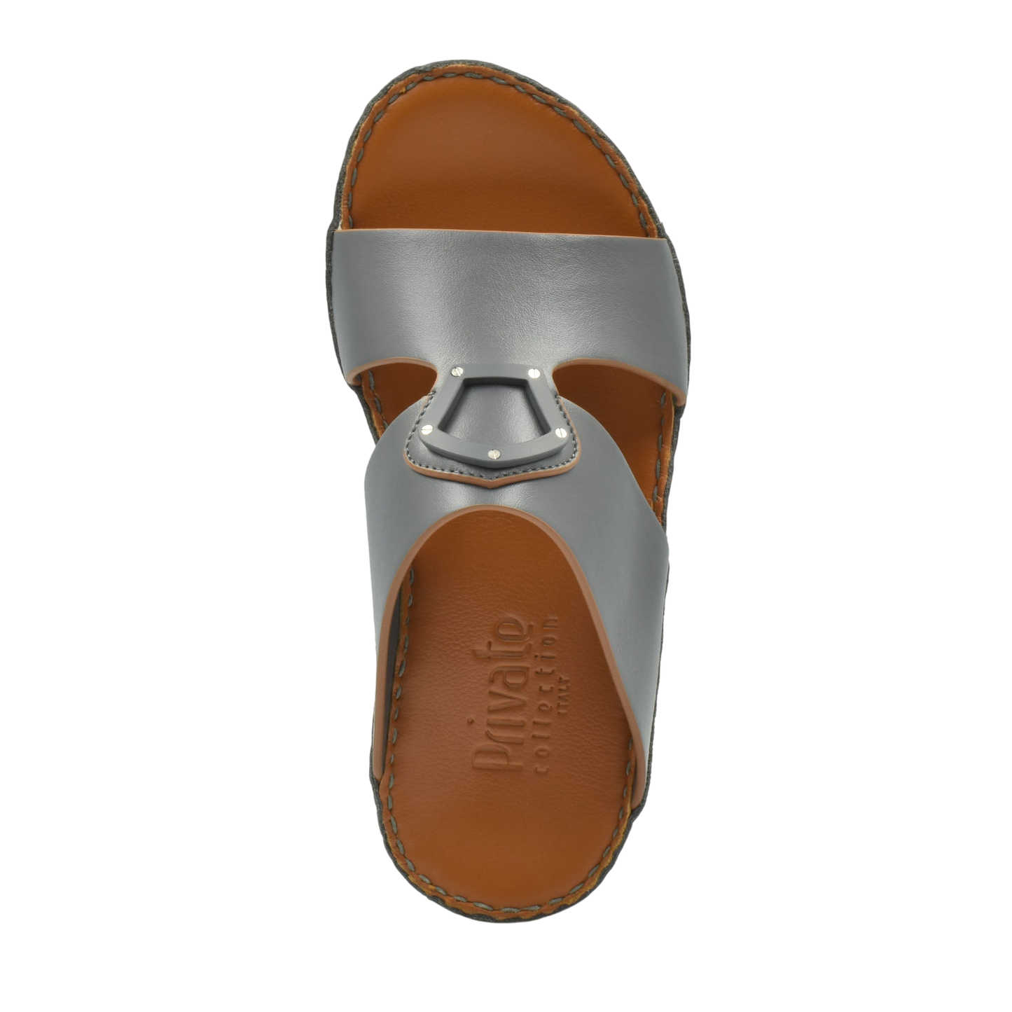 Top view of natural leather slide shoes in gray with brown footbed from Private collection