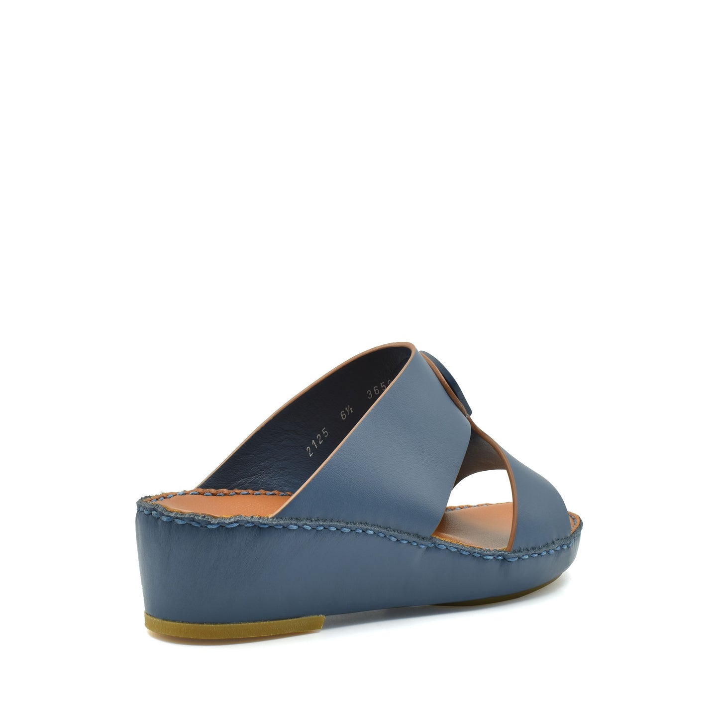 Blue natural leather slide shoes with open toe and low wedge heel from private collection