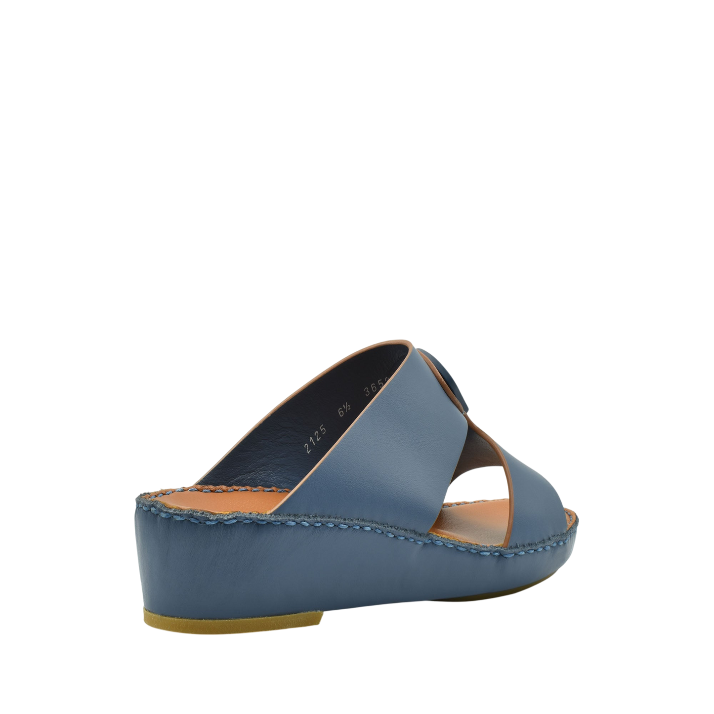 Blue natural leather slide shoes with open toe and low wedge heel from private collection