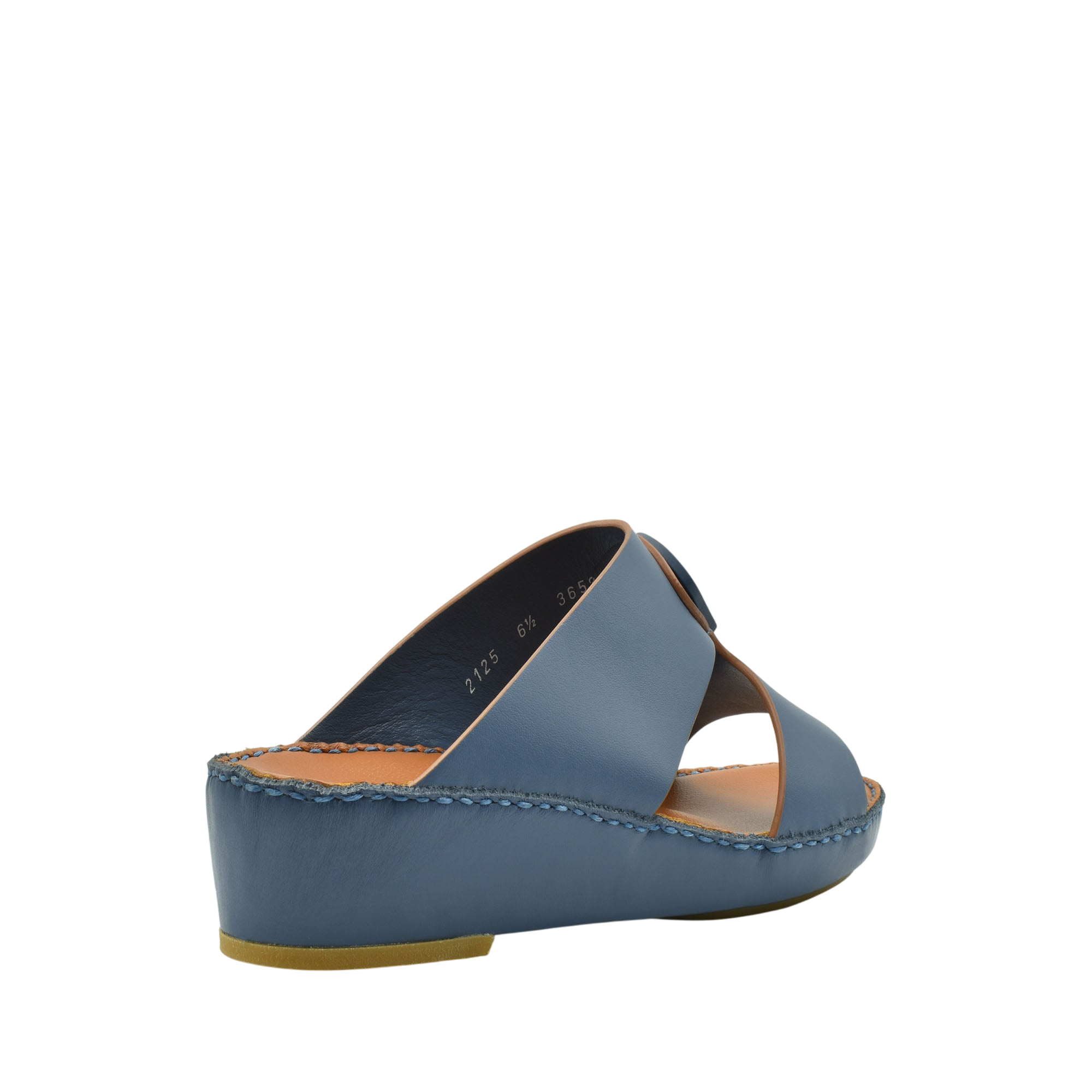 Blue natural leather slide shoes with open toe and low wedge heel from private collection