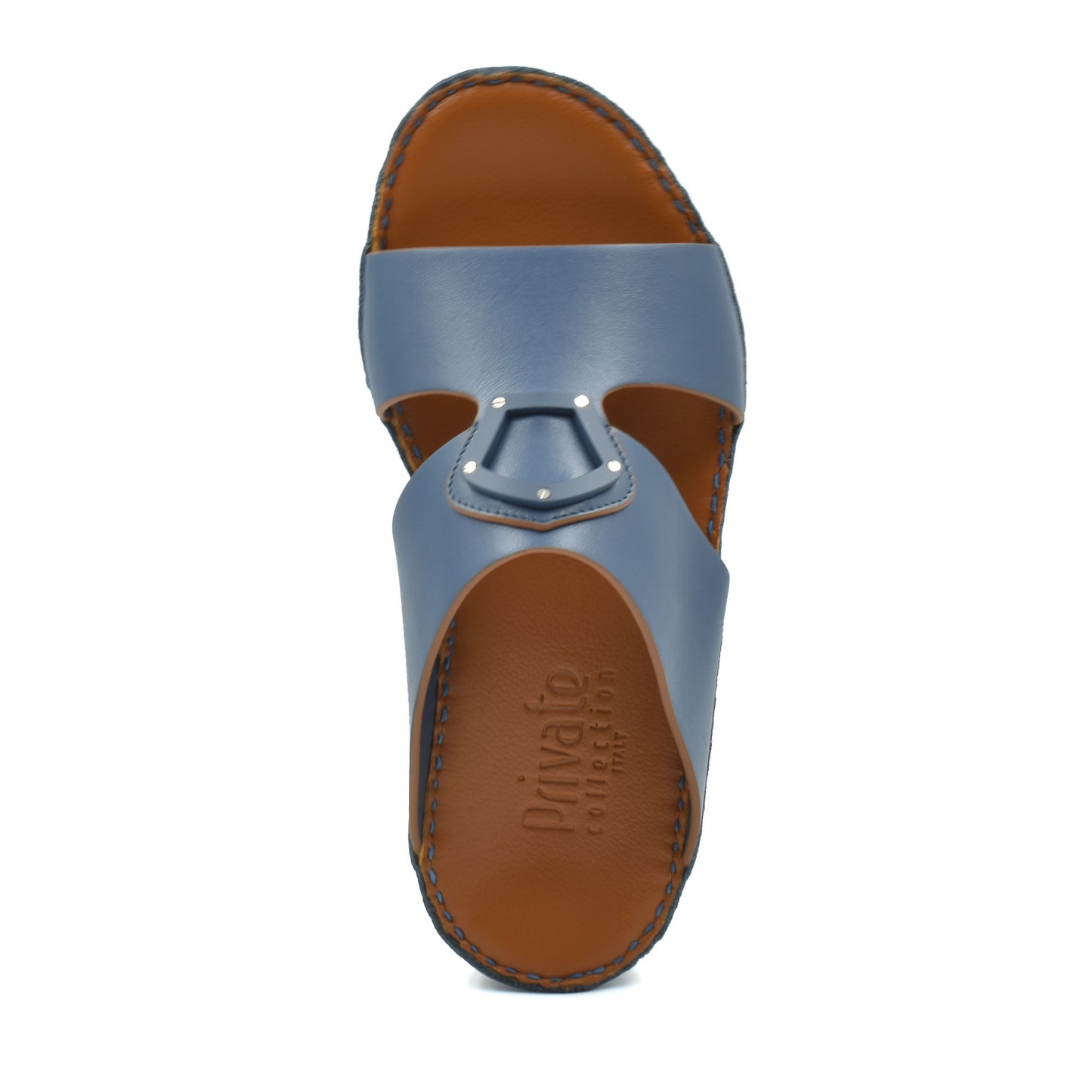 Blue and brown natural leather slide shoes from Private collection with stitched sole detail