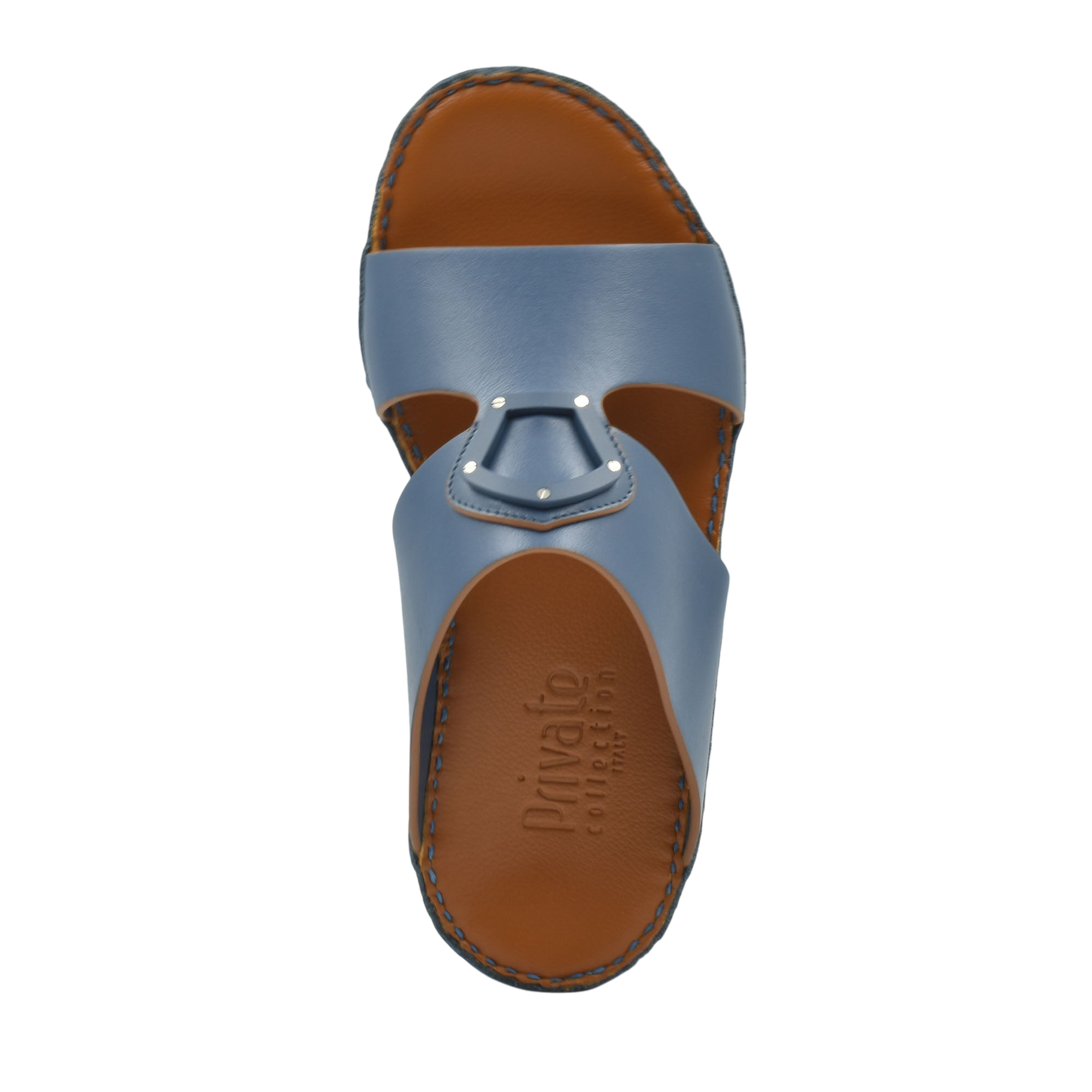 Blue and brown natural leather slide shoes from Private collection with stitched sole detail