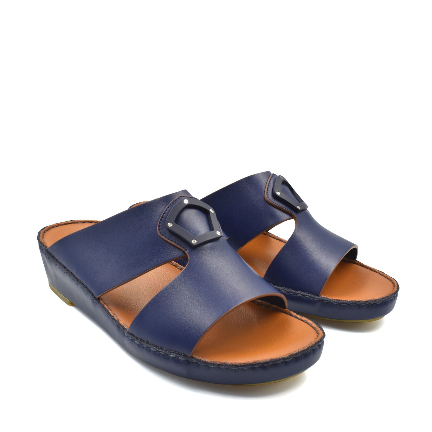 Blue natural leather slide shoes with open toe and cushioned sole from private collection